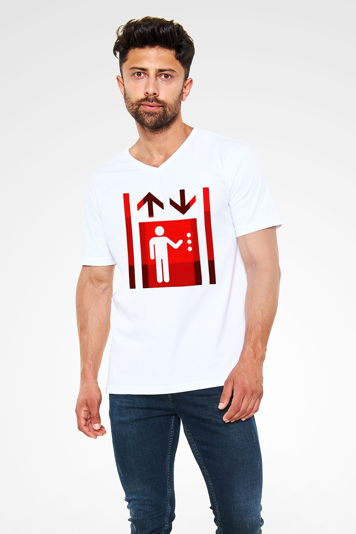 Asansörcü Beyaz Unisex V Yaka Tişört T-Shirt