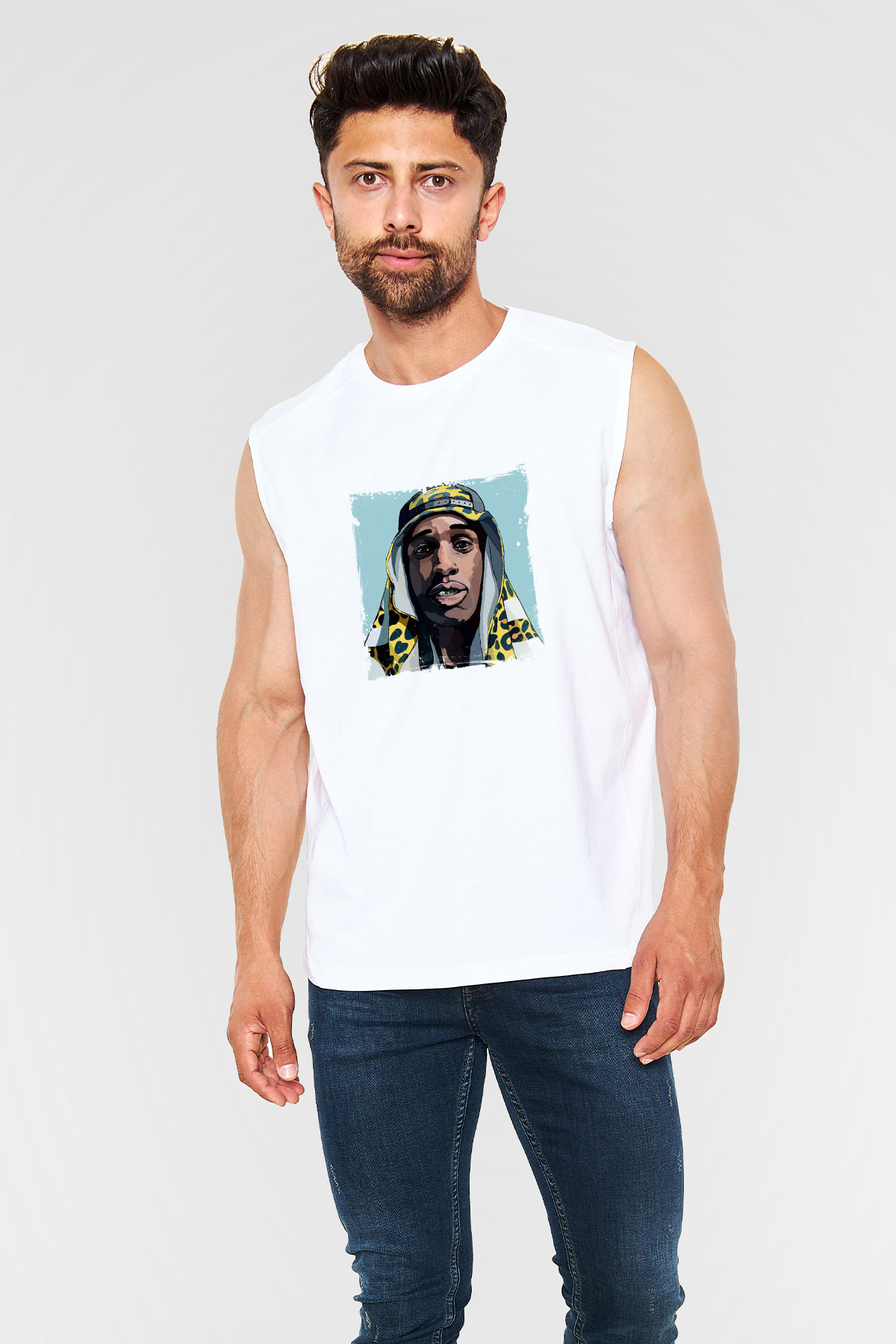 ASAP Mob Baskılı Unisex Beyaz Kolsuz Tişört