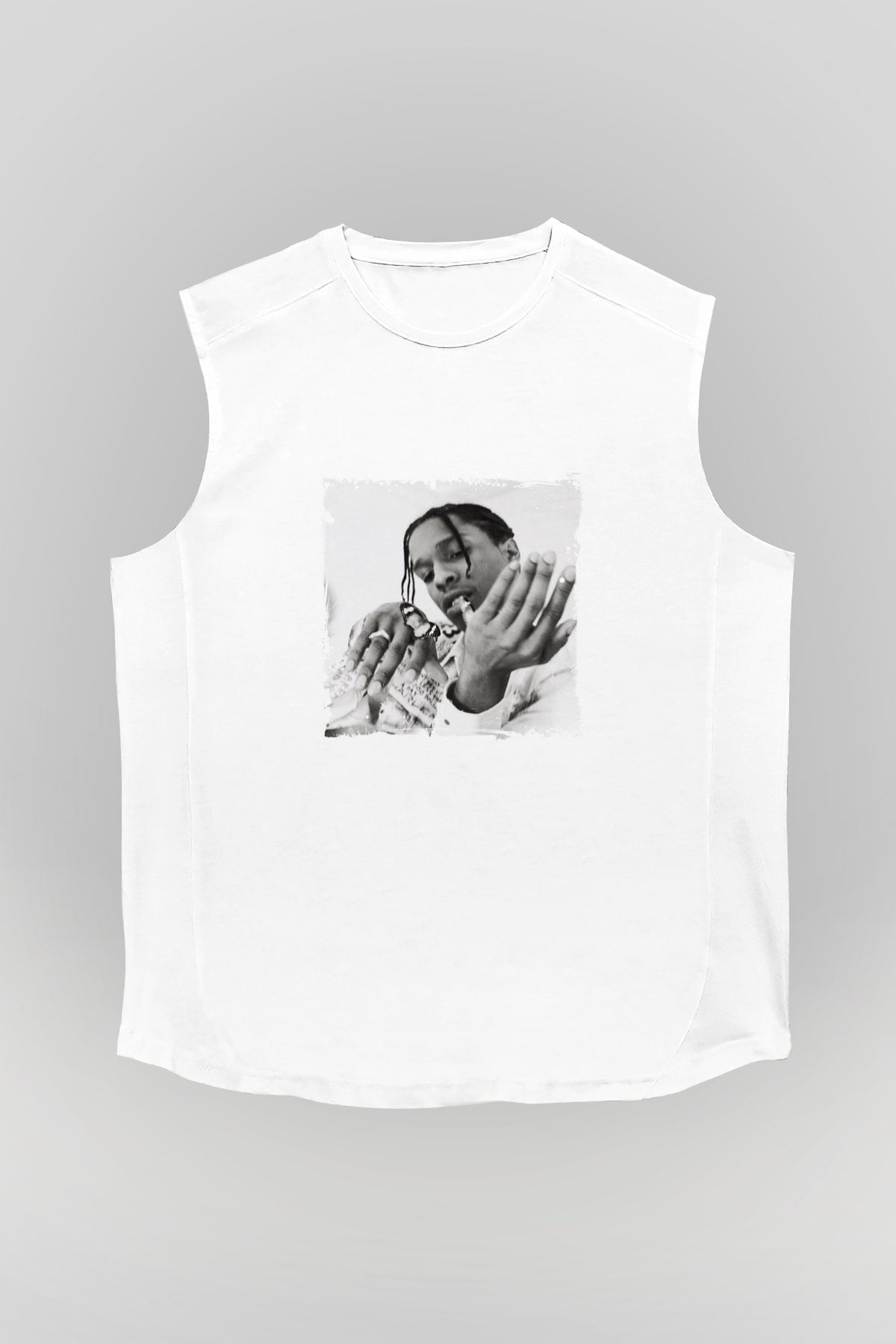 ASAP Mob Baskılı Unisex Beyaz Kolsuz Tişört