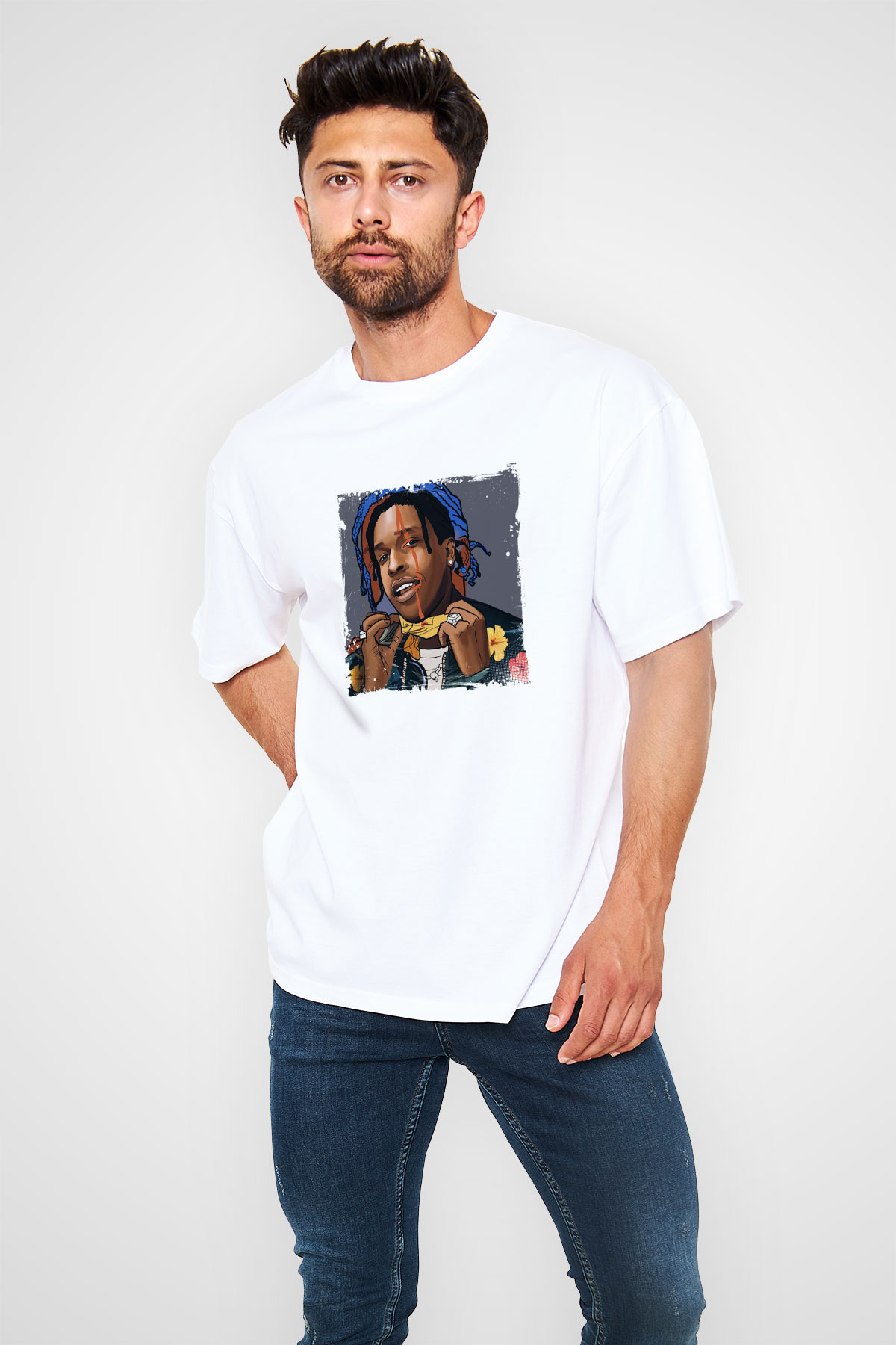ASAP Mob Baskılı Oversize Beyaz Tişört