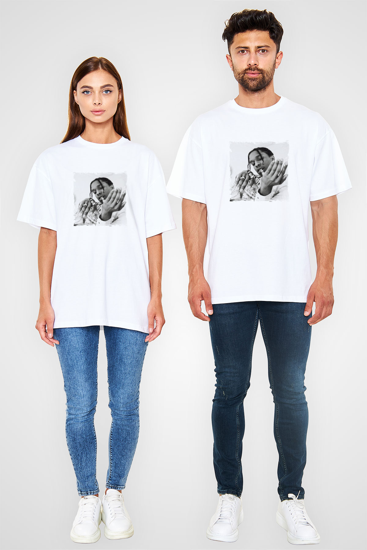 ASAP Mob Baskılı Oversize Beyaz Tişört