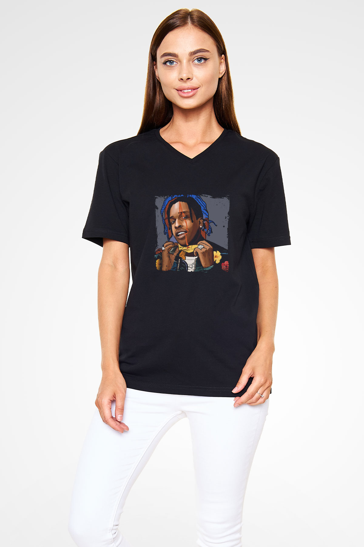 ASAP Mob Baskılı Unisex Siyah V Yaka Tişört