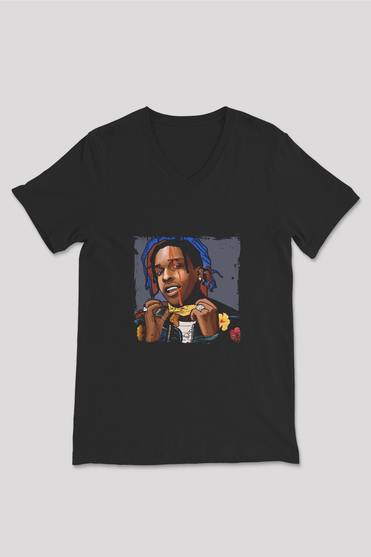 ASAP Mob Baskılı Unisex Siyah V Yaka Tişört