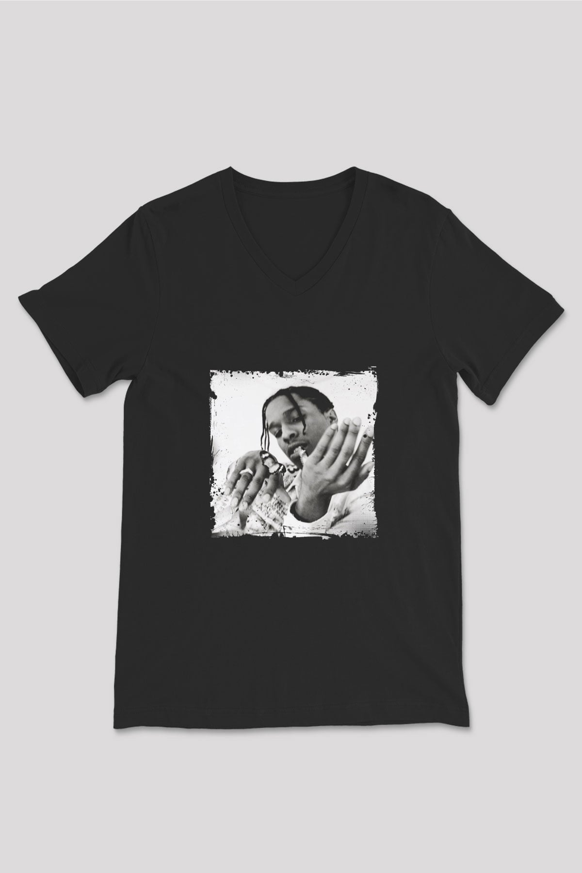 ASAP Mob Baskılı Unisex Siyah V Yaka Tişört