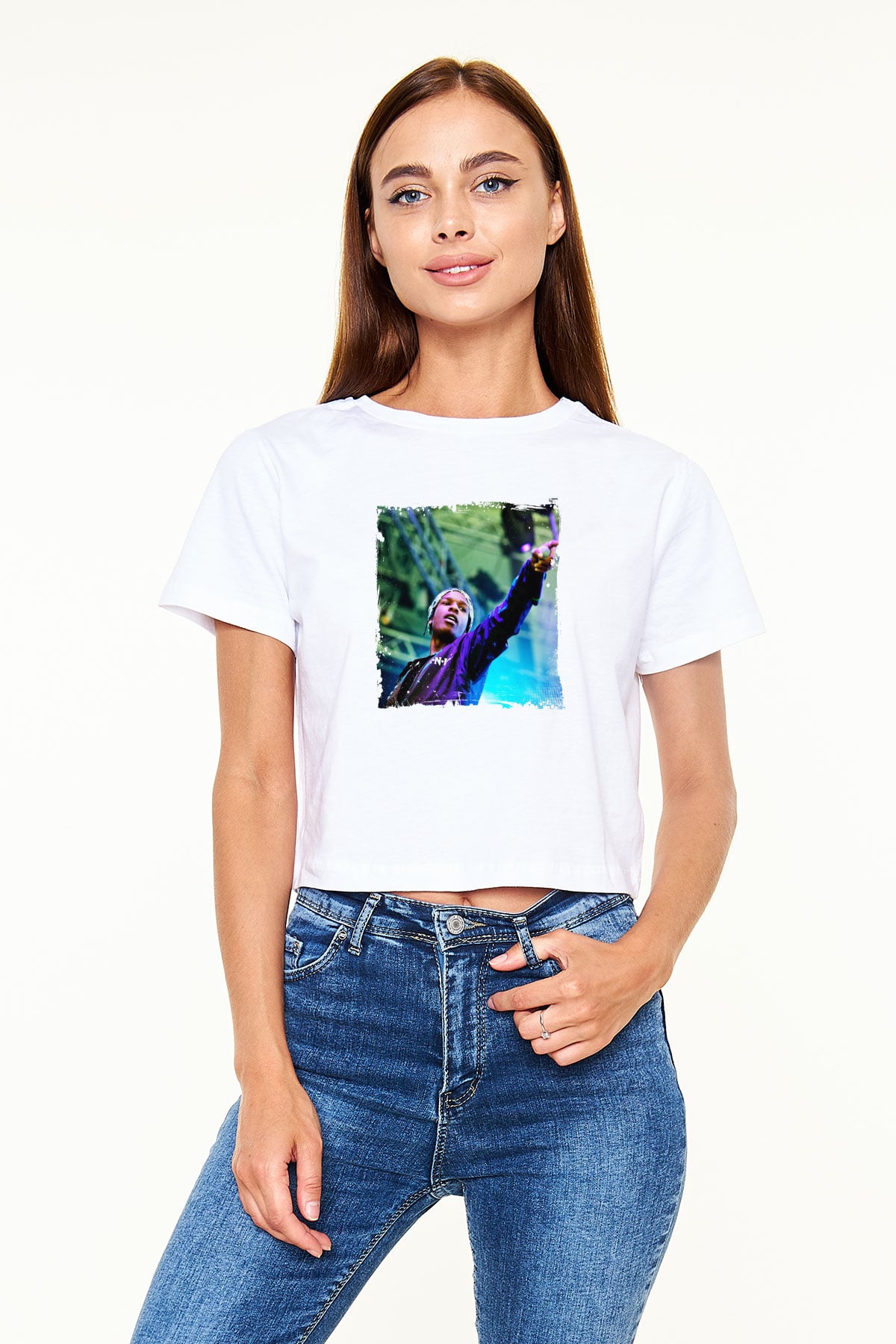 ASAP Rocky Baskılı Beyaz Kadın Crop Top Tişört