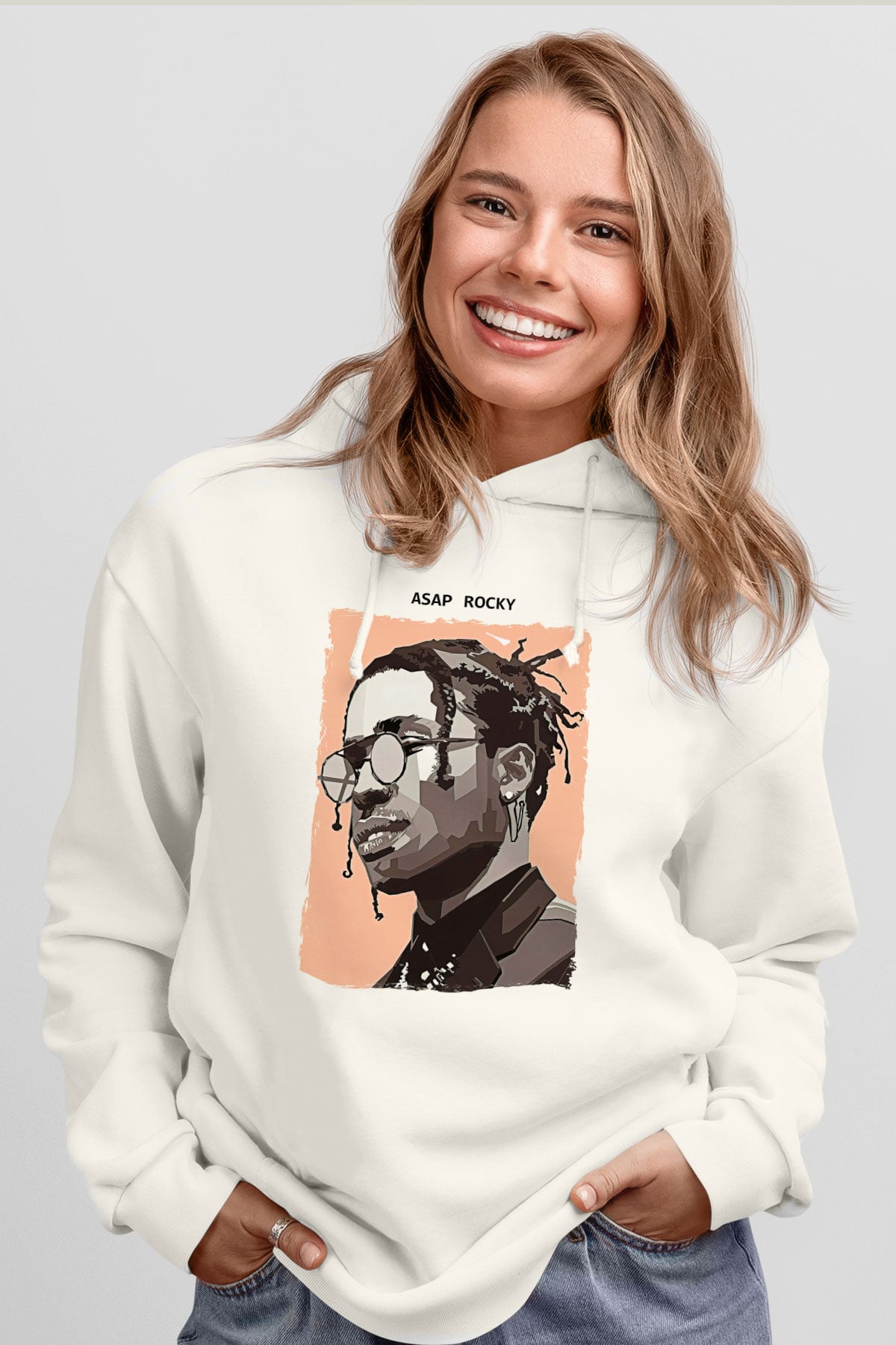 Asap Rocky Baskılı Beyaz Unisex Kapüşonlu Sweatshirt