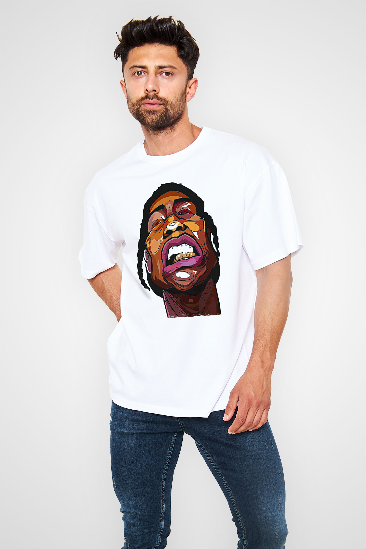 Asap Rocky Baskılı Beyaz Unisex Oversize Tişört - Tshirt