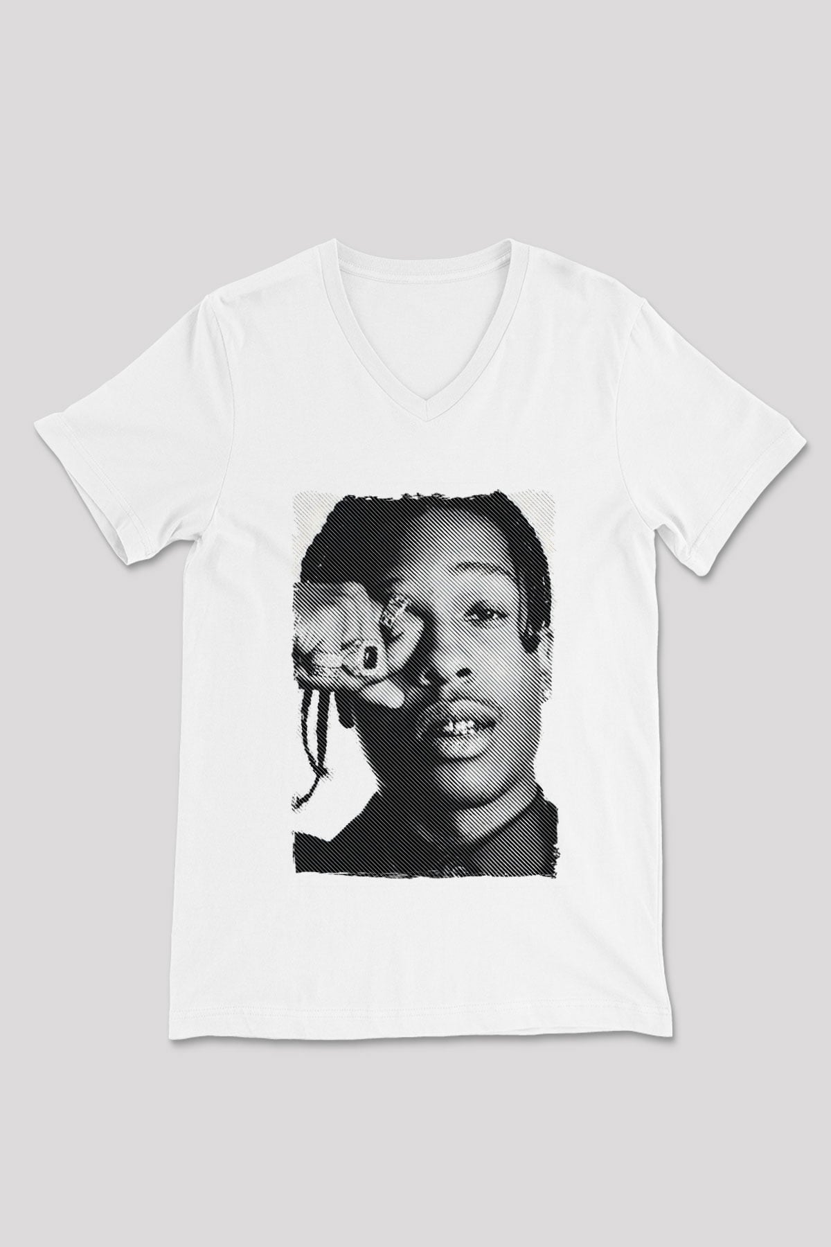 Asap Rocky Baskılı Beyaz Unisex V Yaka Tişört - Tshirt