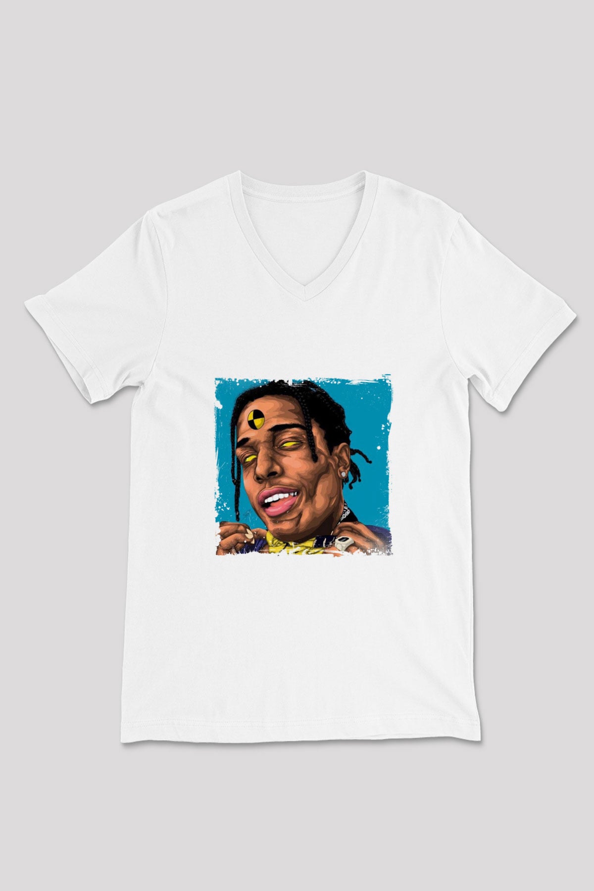 ASAP Rocky Baskılı Beyaz V Yaka Unisex Tişört