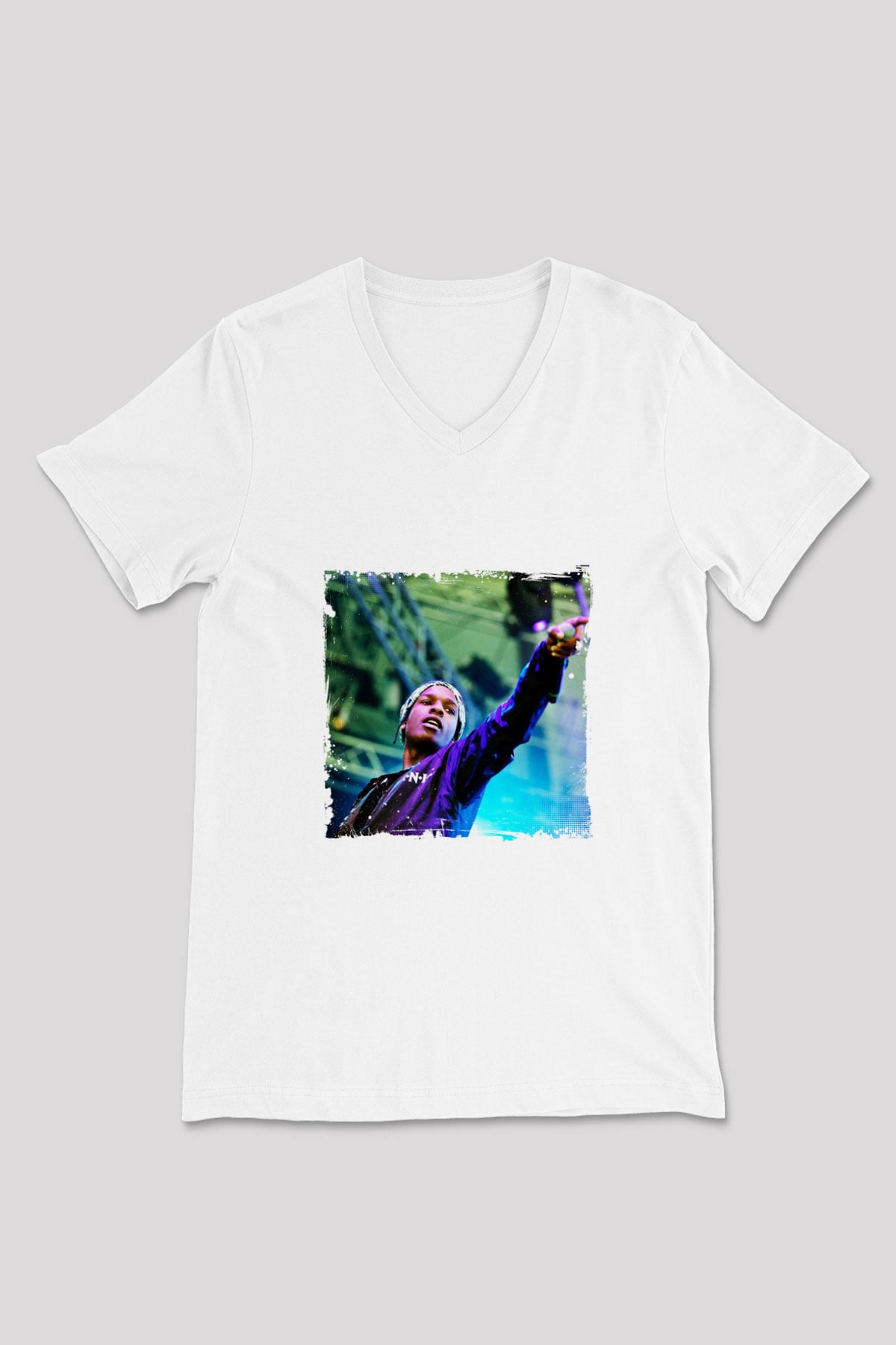 ASAP Rocky Baskılı Beyaz V Yaka Unisex Tişört