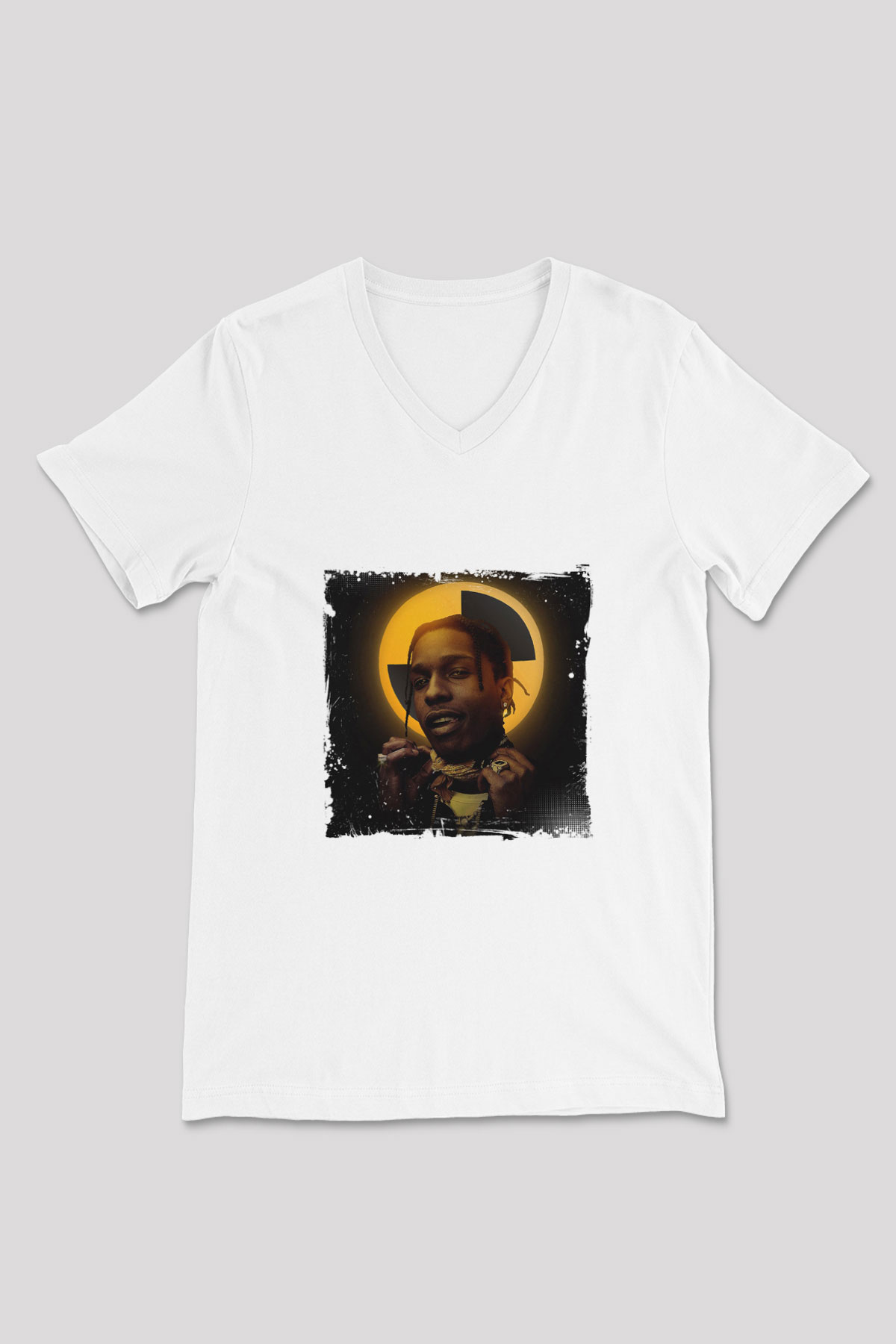 ASAP Rocky Baskılı Beyaz V Yaka Unisex Tişört