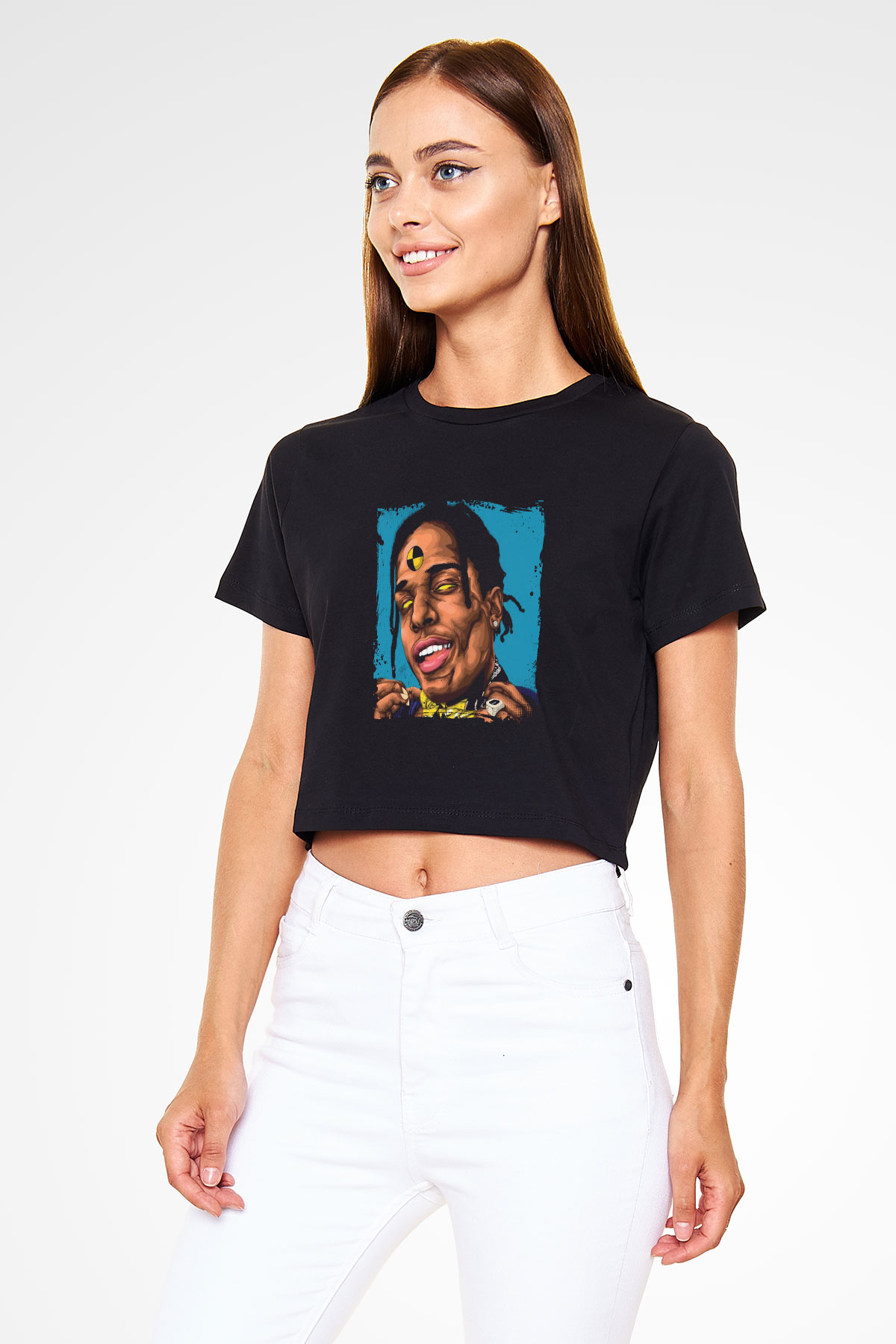 ASAP Rocky Baskılı Crop Top Siyah Kadın Tişört