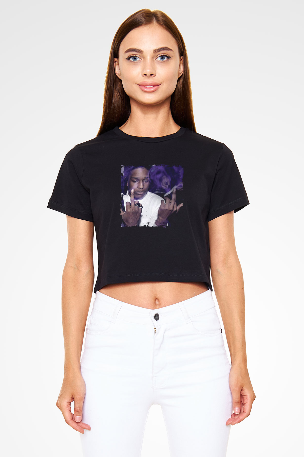 ASAP Rocky Baskılı Crop Top Siyah Kadın Tişört
