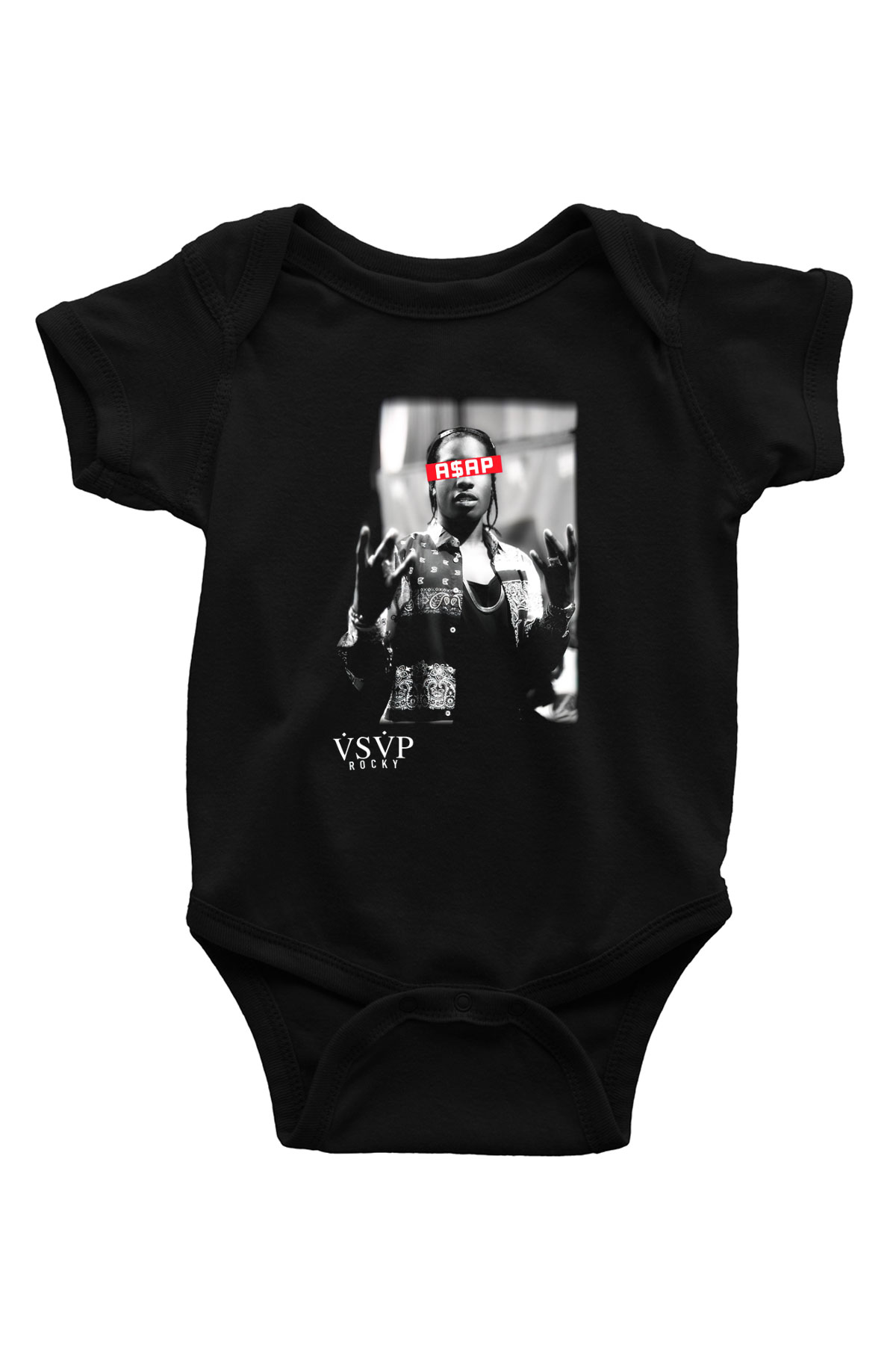 ASAP Rocky Baskılı Siyah Bebek Body - Zıbın
