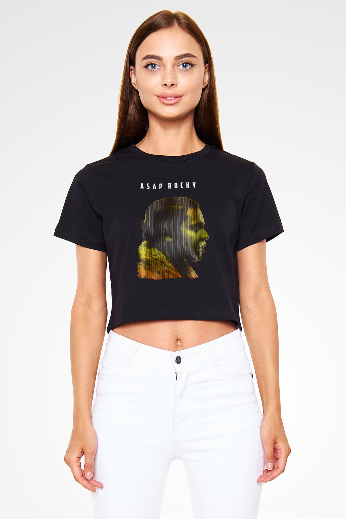 Asap Rocky Baskılı Siyah Crop Top Kadın Tişört - Tshirt