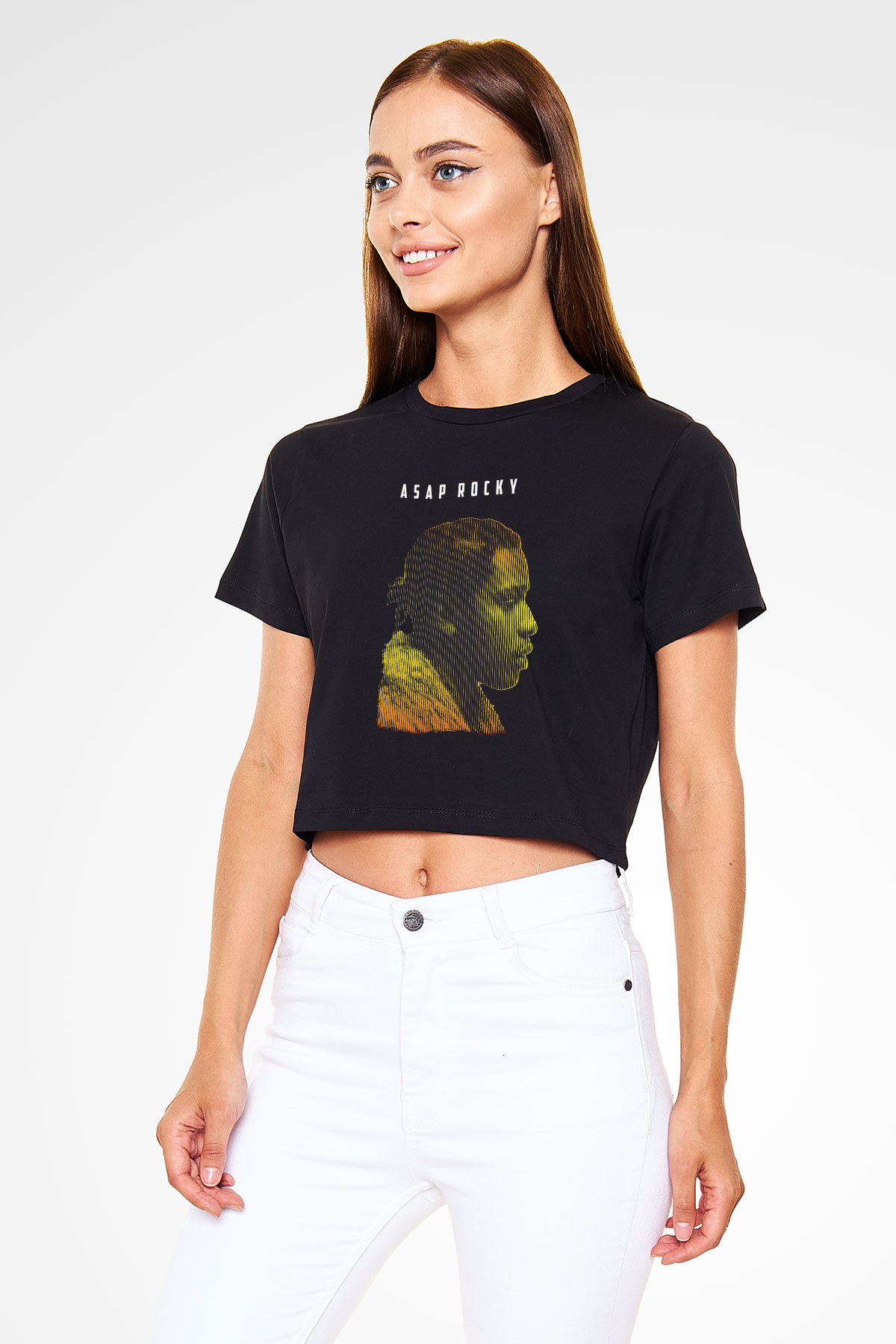 Asap Rocky Baskılı Siyah Crop Top Kadın Tişört - Tshirt