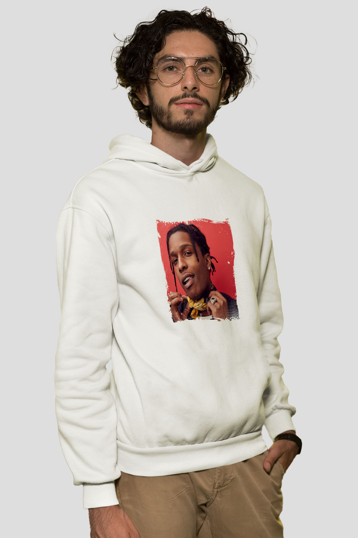 ASAP Rocky Baskılı Unisex Beyaz Hoodie