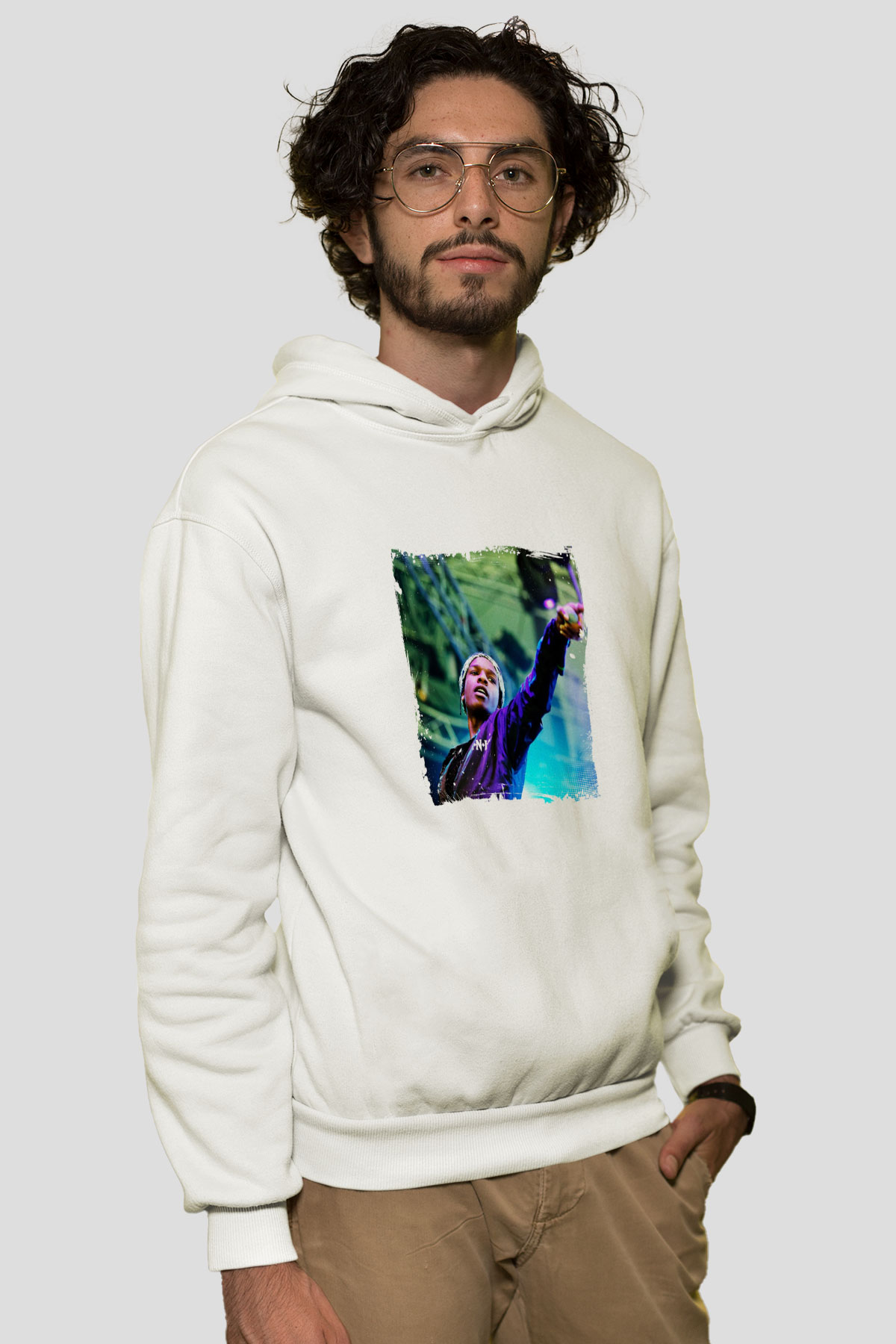 ASAP Rocky Baskılı Unisex Beyaz Hoodie