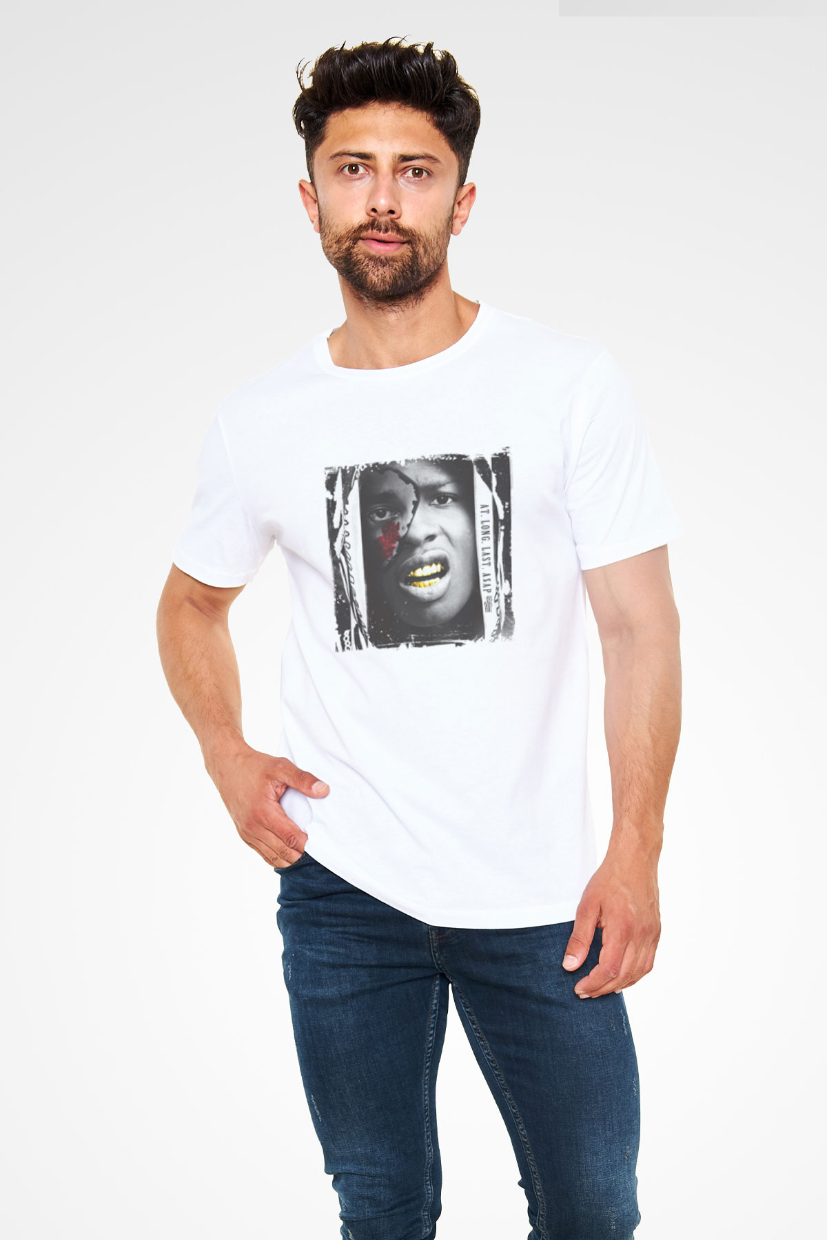 ASAP Rocky Baskılı Unisex Beyaz Tişört