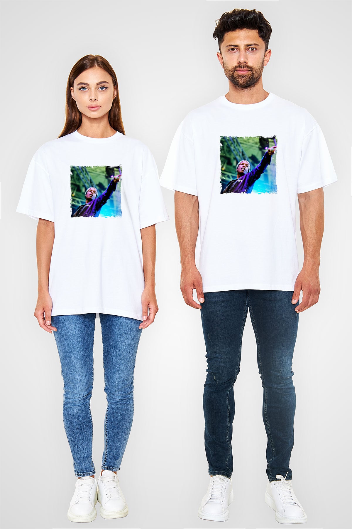 ASAP Rocky Baskılı Oversize Beyaz Tişört
