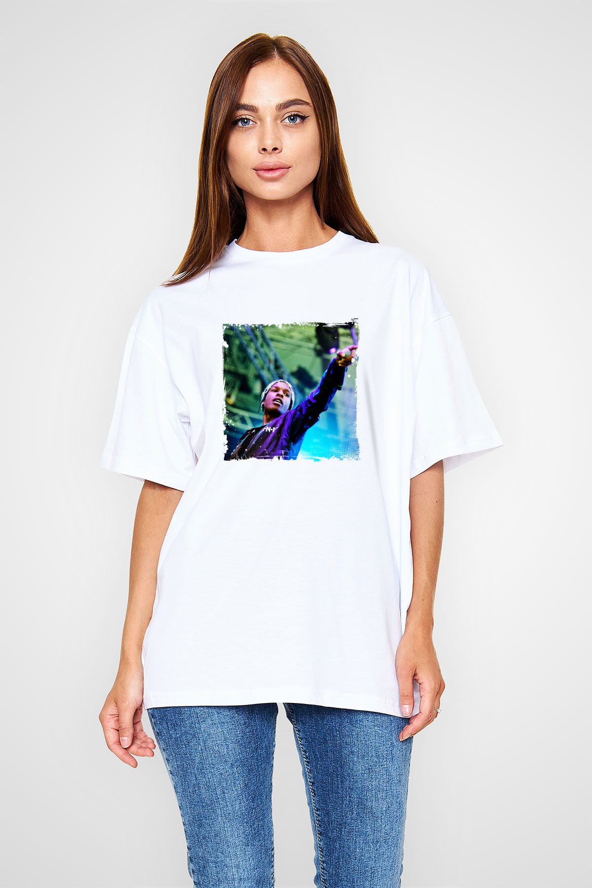 ASAP Rocky Baskılı Oversize Beyaz Tişört