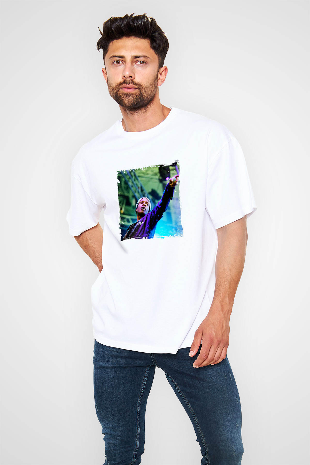ASAP Rocky Baskılı Oversize Beyaz Tişört