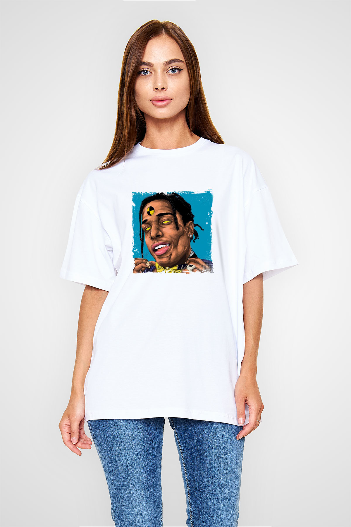ASAP Rocky Baskılı Oversize Beyaz Tişört