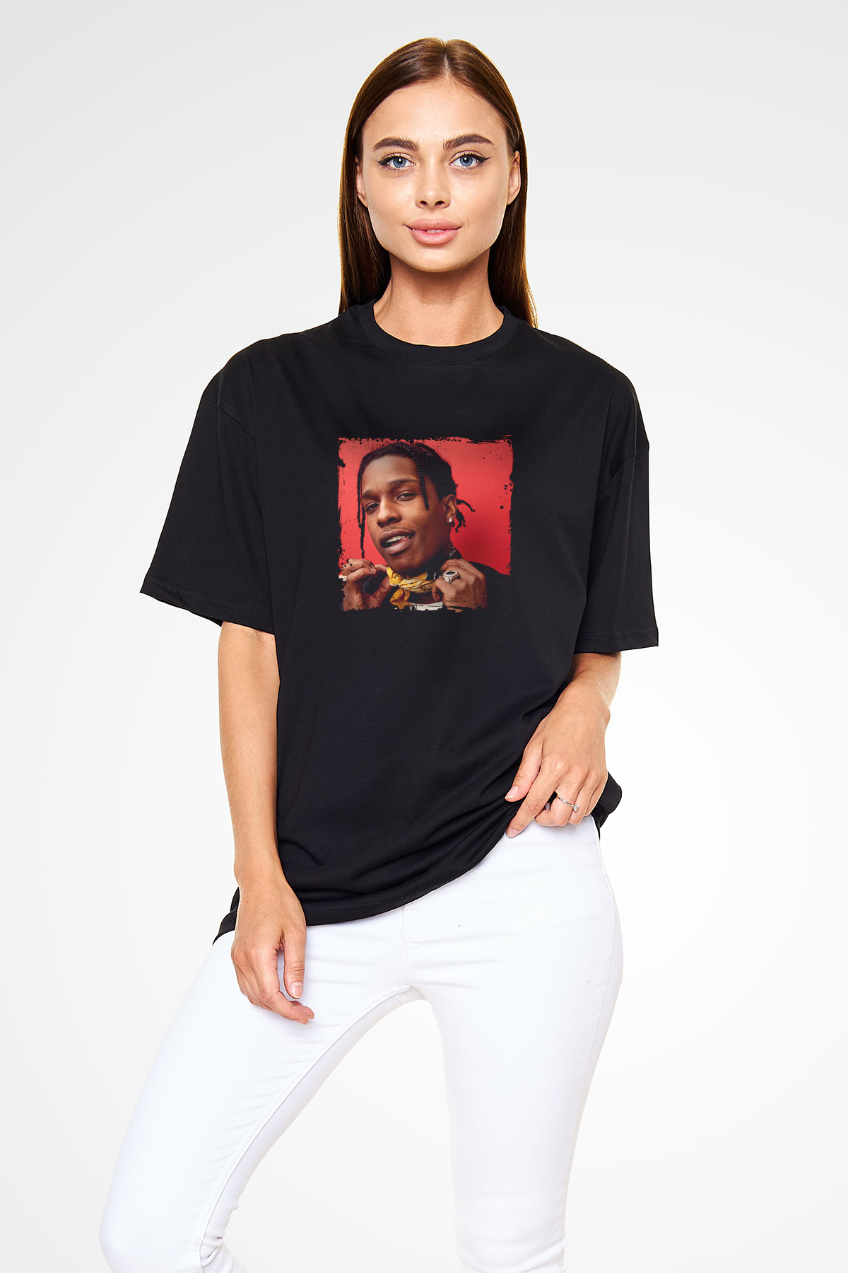 ASAP Rocky Baskılı Unisex Oversize Siyah Tişört