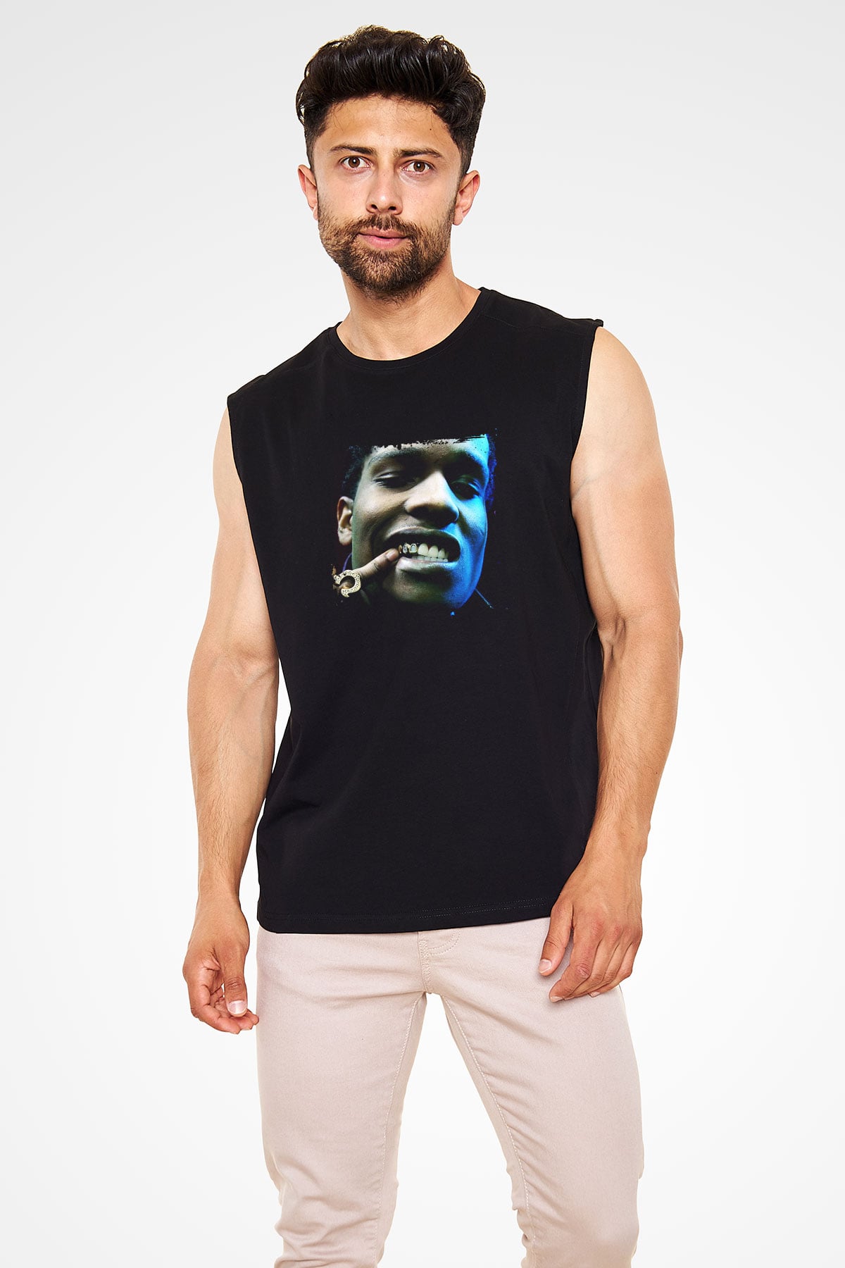 ASAP Rocky Baskılı Unisex Siyah Kolsuz Tişört