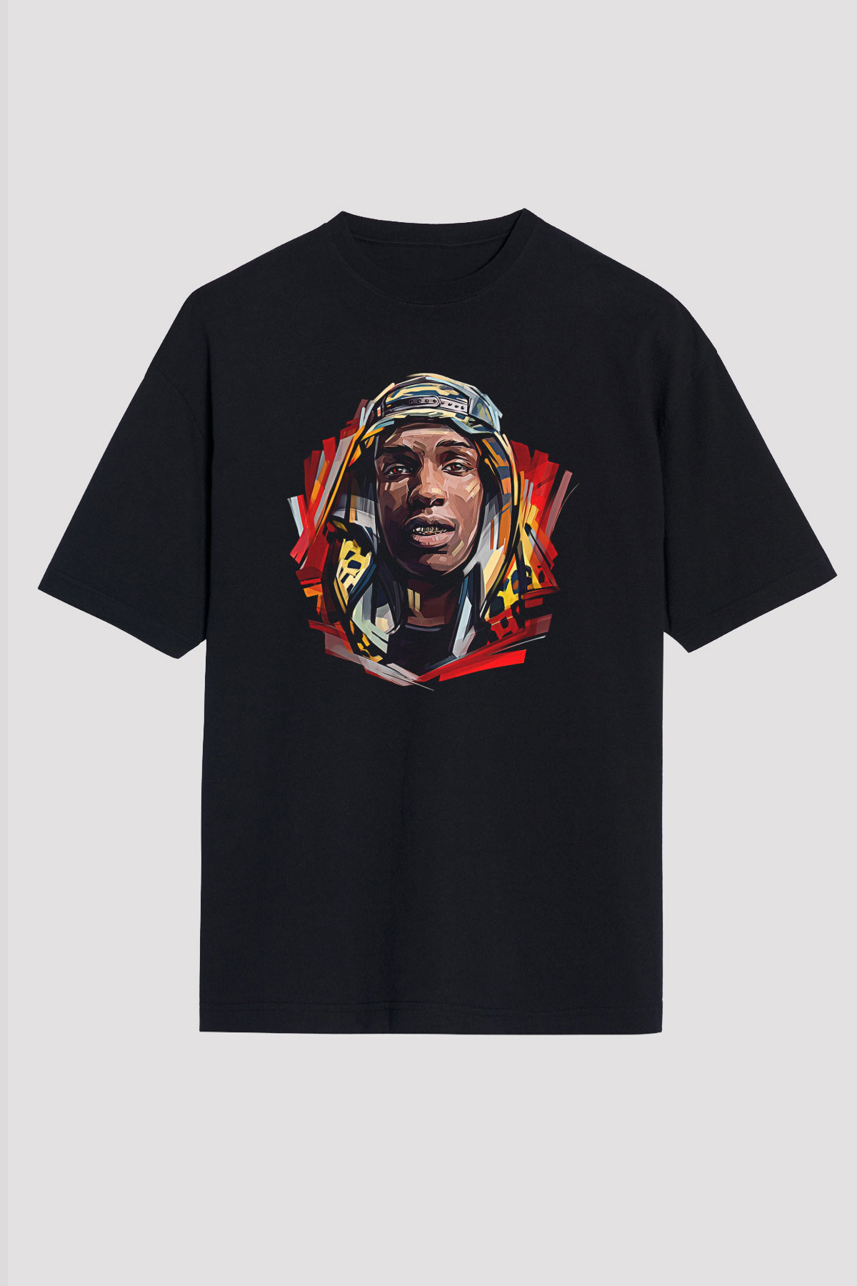 Asap Rocky Baskılı Unisex Siyah Oversize Tişört - Tshirt