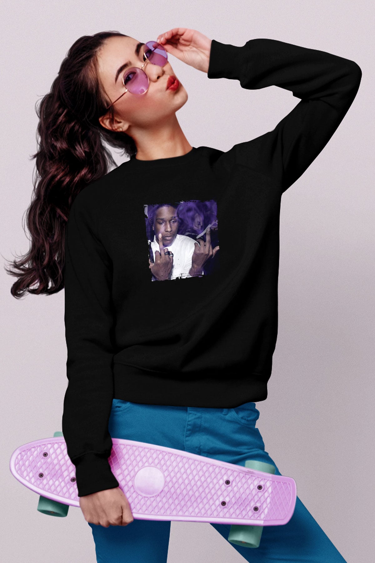 ASAP Rocky Baskılı Unisex Siyah Sweatshirt