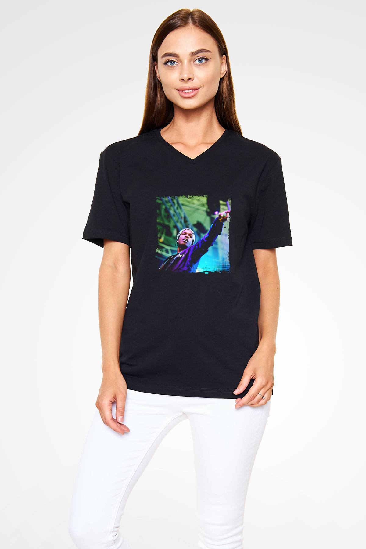 ASAP Rocky Baskılı Unisex Siyah V Yaka Tişört