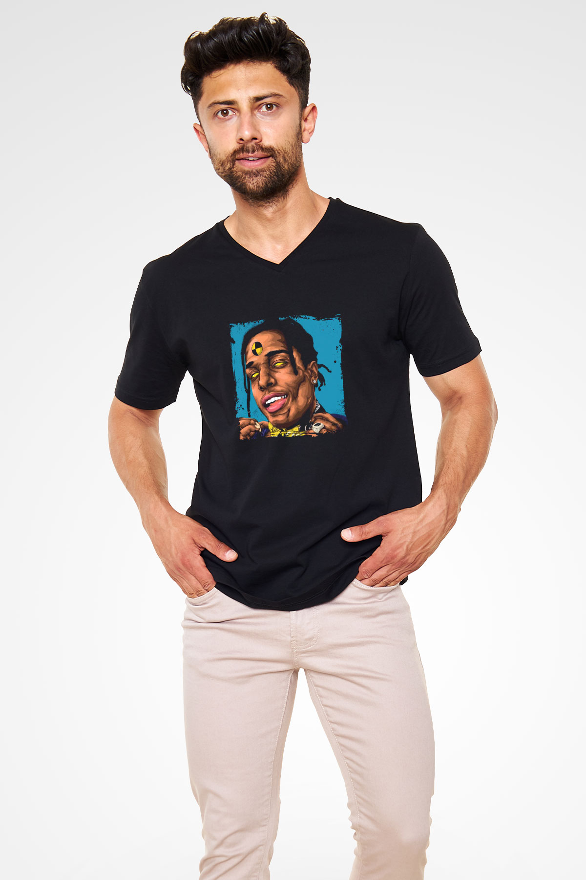 ASAP Rocky Baskılı Unisex Siyah V Yaka Tişört