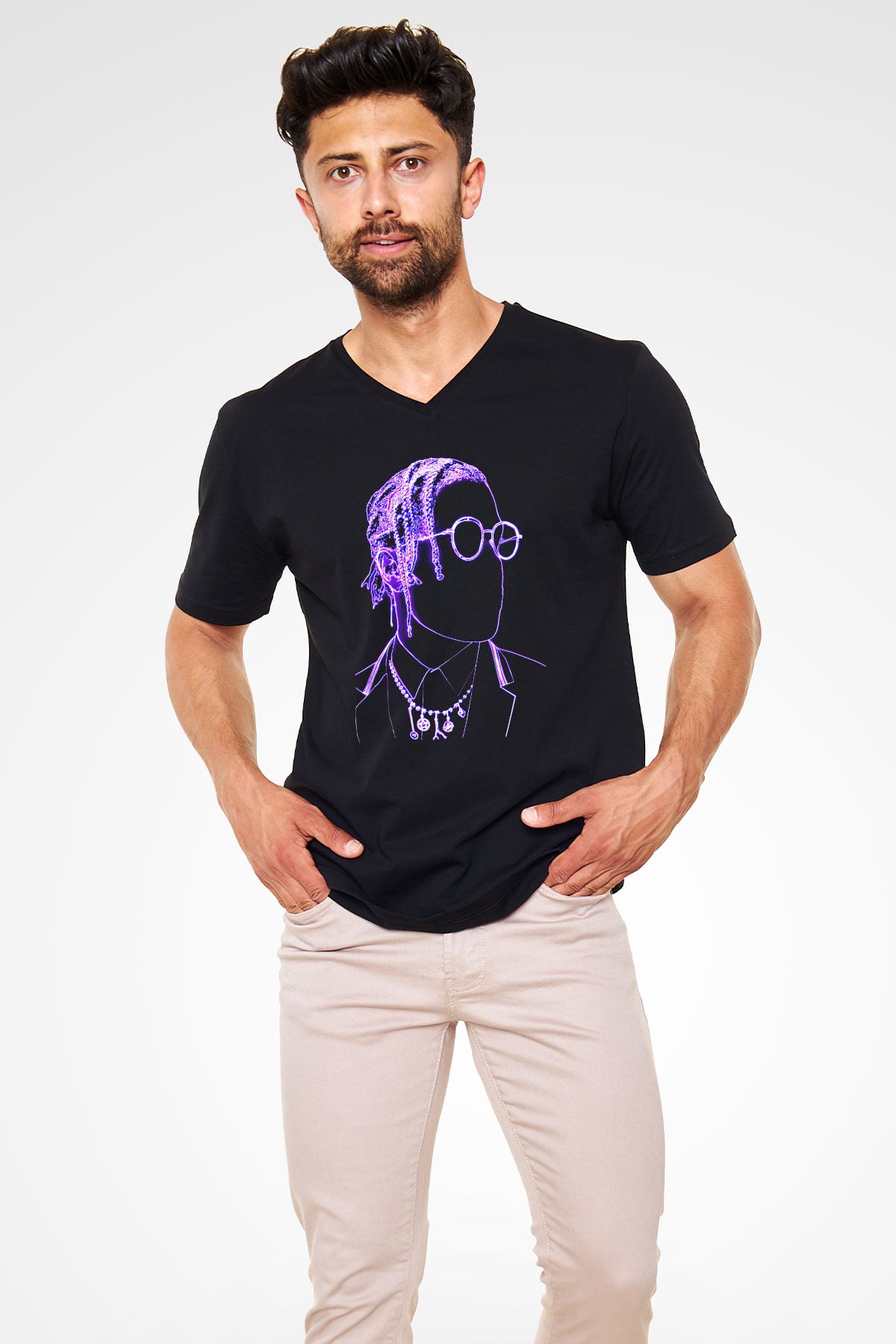 Asap Rocky Baskılı Unisex Siyah V Yaka Tişört - Tshirt