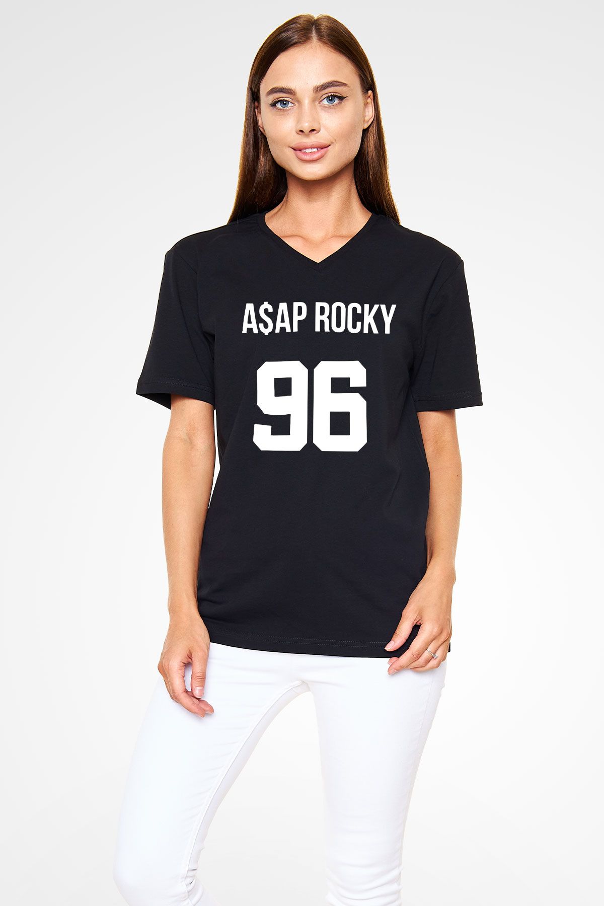 Asap Rocky Baskılı Unisex Siyah V Yaka Tişört - Tshirt