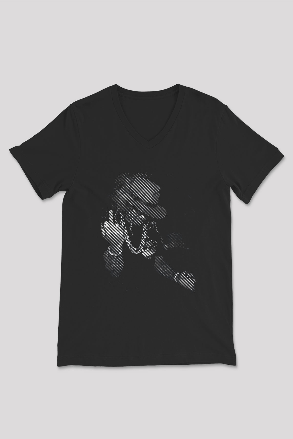 Asap Rocky Baskılı Unisex Siyah V Yaka Tişört - Tshirt