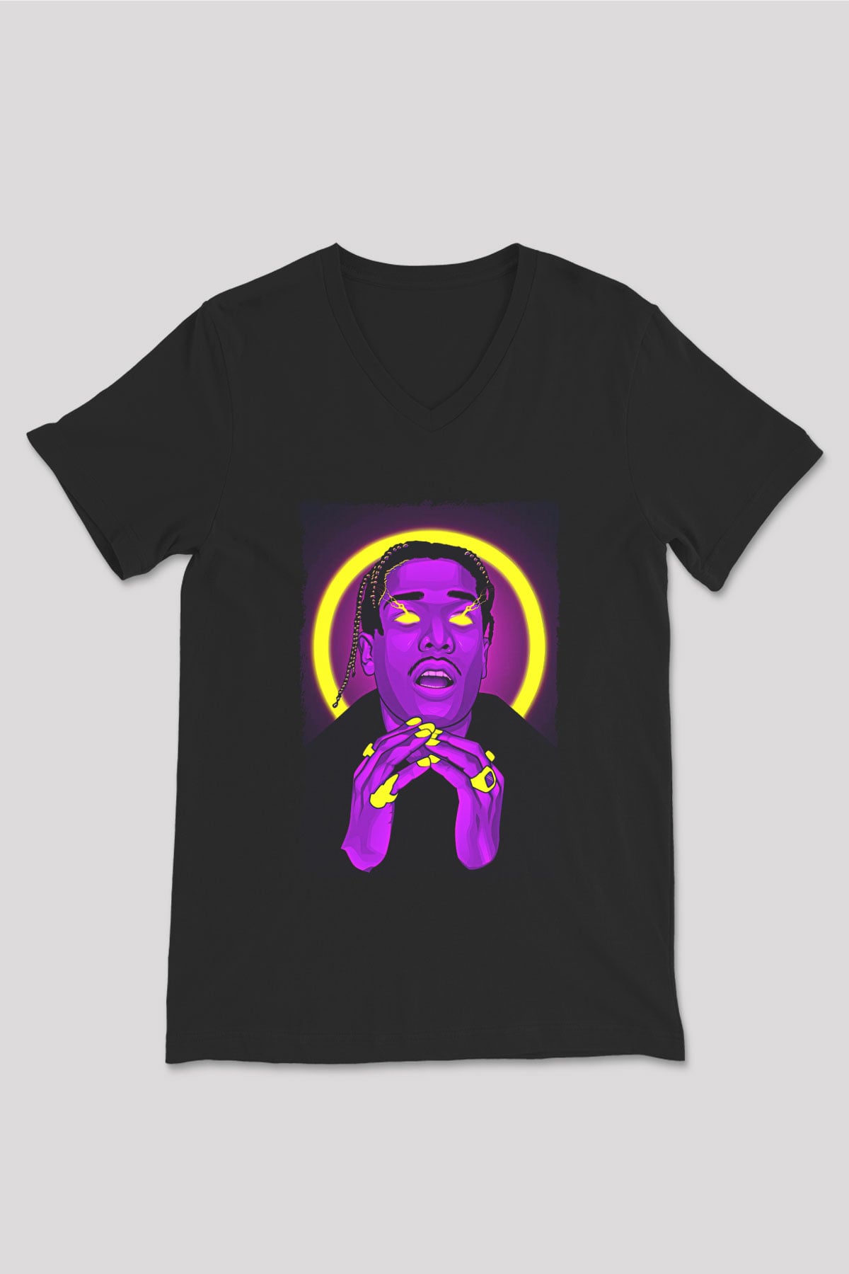 Asap Rocky Baskılı Unisex Siyah V Yaka Tişört - Tshirt