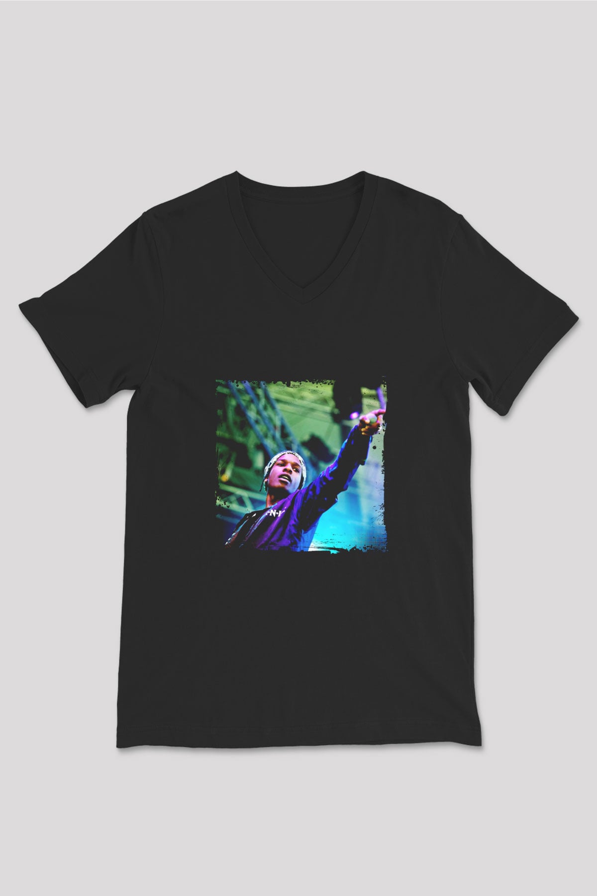 ASAP Rocky Baskılı Unisex Siyah V Yaka Tişört
