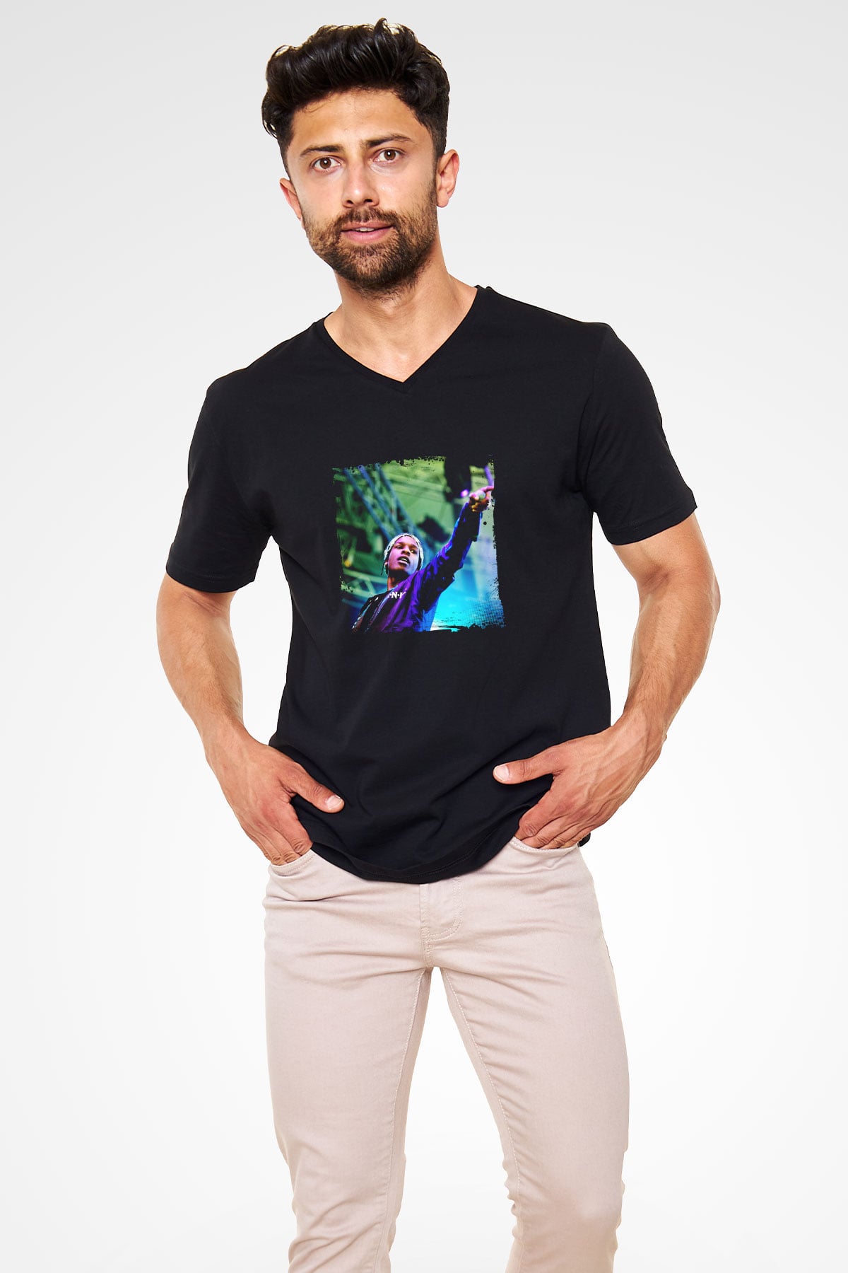 ASAP Rocky Baskılı Unisex Siyah V Yaka Tişört
