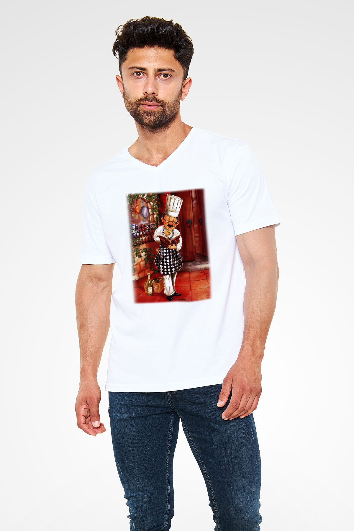 Aşçı Beyaz Unisex V Yaka Tişört T-Shirt