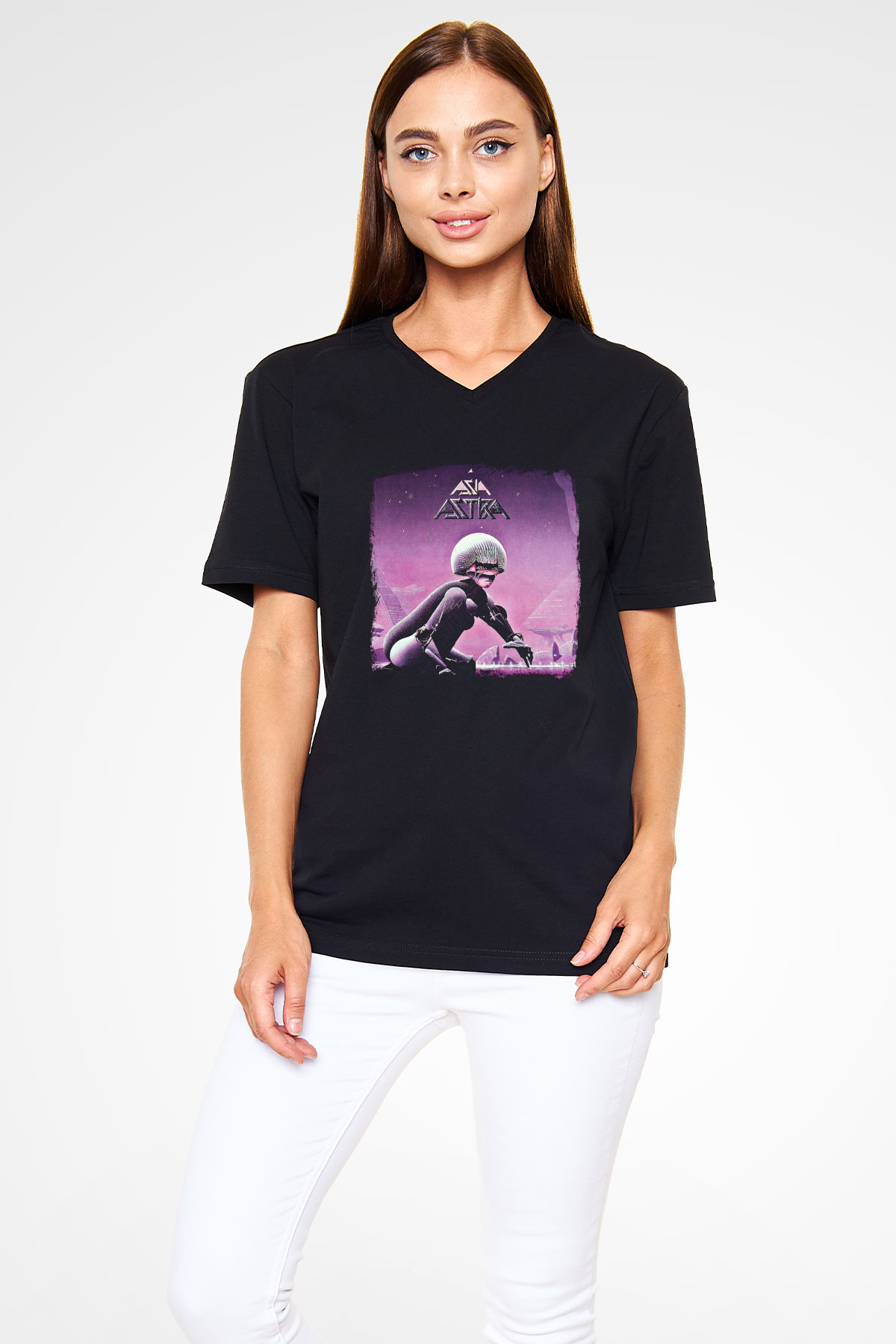 Asia Baskılı Unisex Siyah V Yaka Tişört