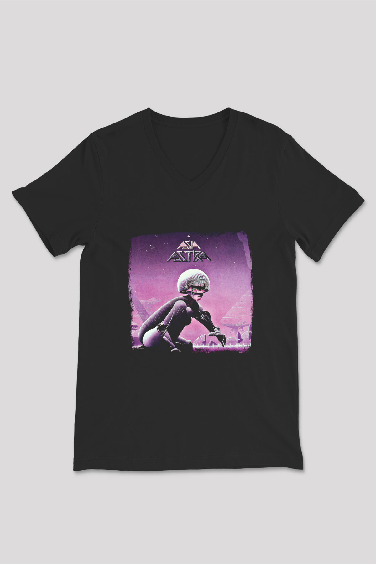Asia Baskılı Unisex Siyah V Yaka Tişört