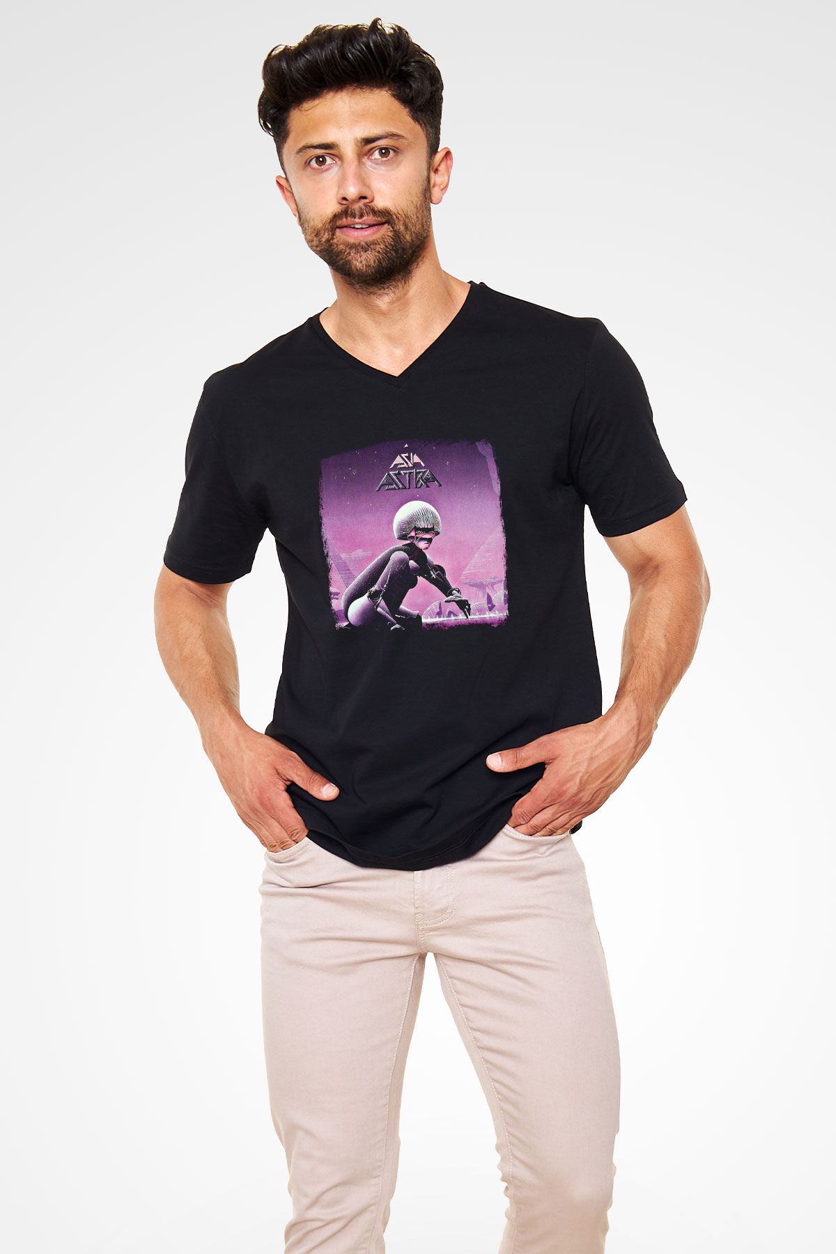 Asia Baskılı Unisex Siyah V Yaka Tişört