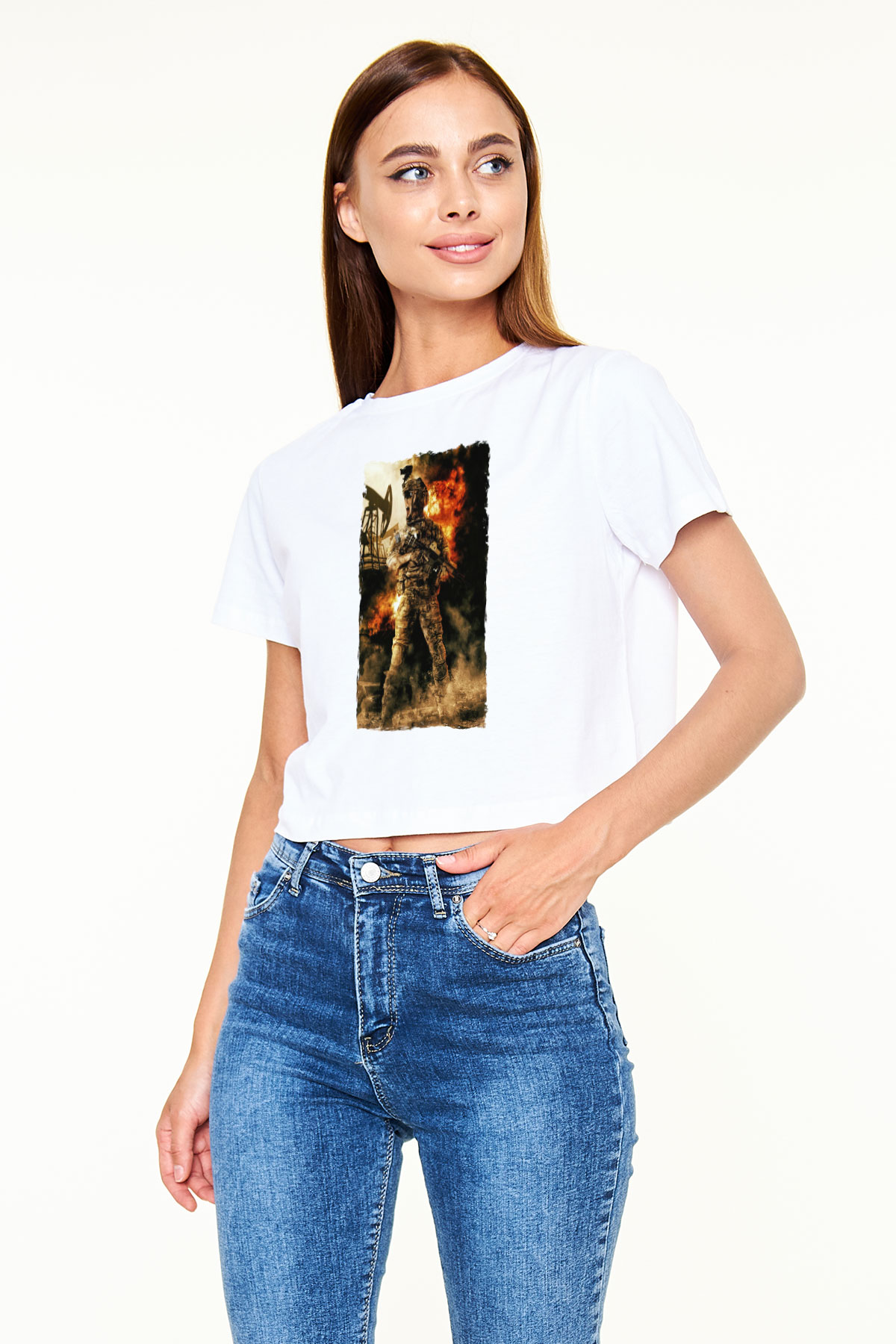 Asker Beyaz  Crop Top Tişört