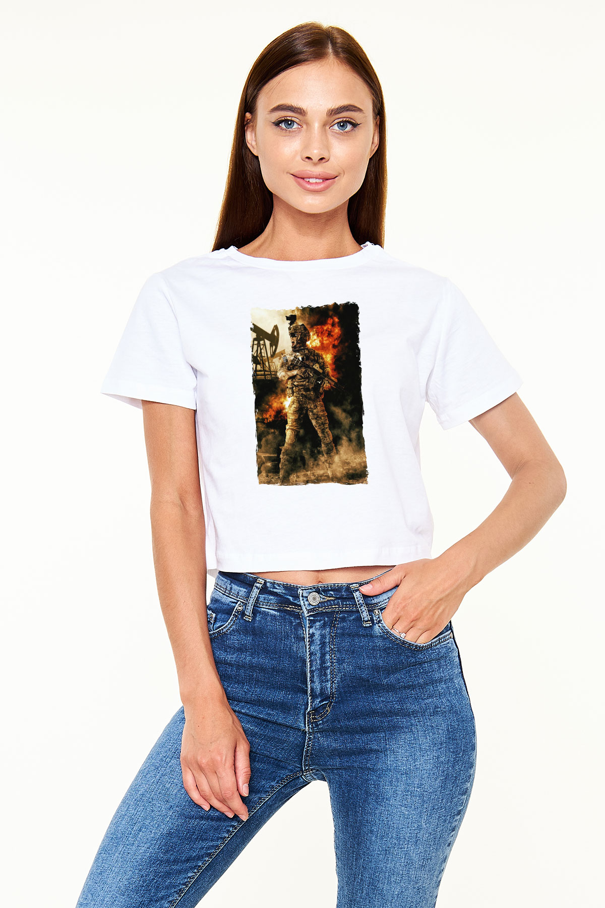 Asker Beyaz  Crop Top Tişört
