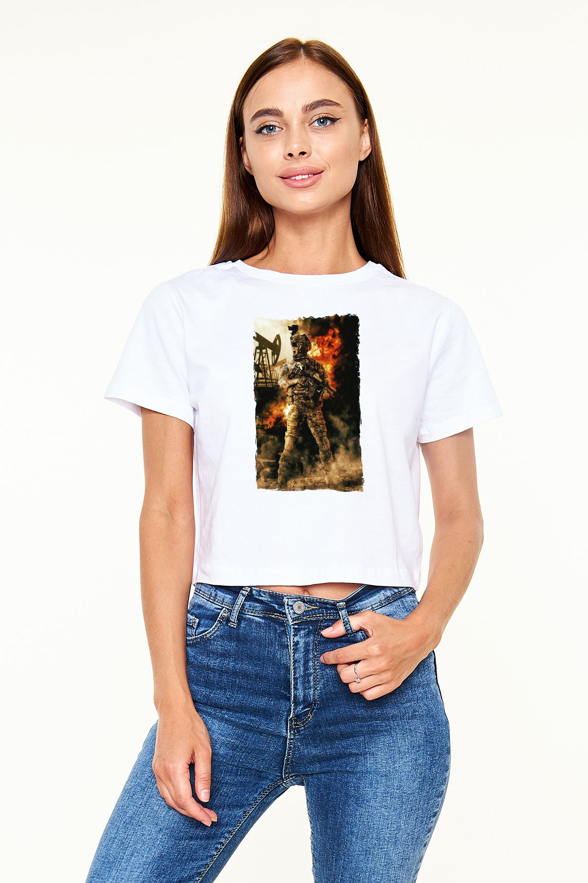 Asker Beyaz  Crop Top Tişört