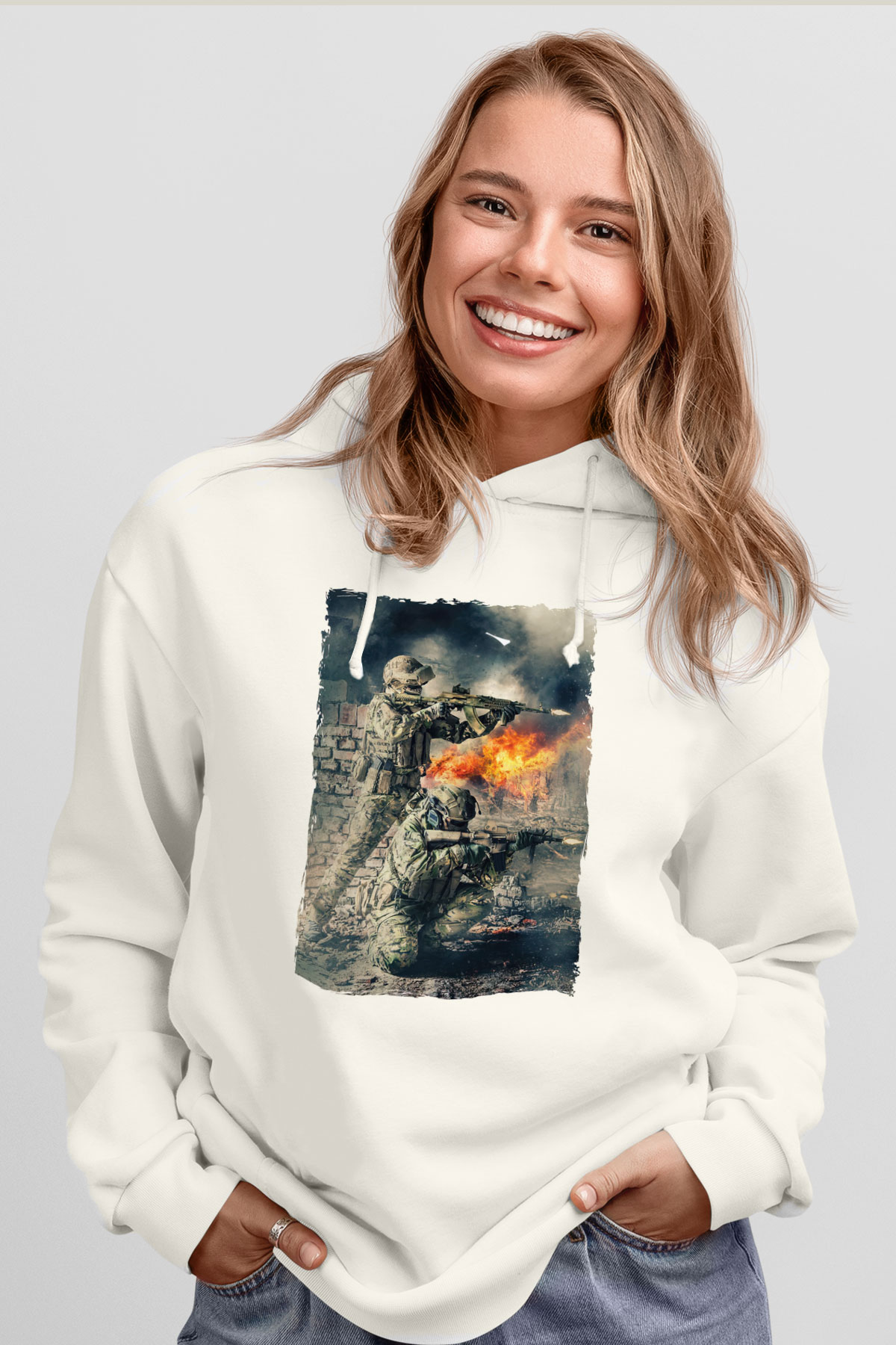 Asker Beyaz Unisex Kapüşonlu Sweatshirt