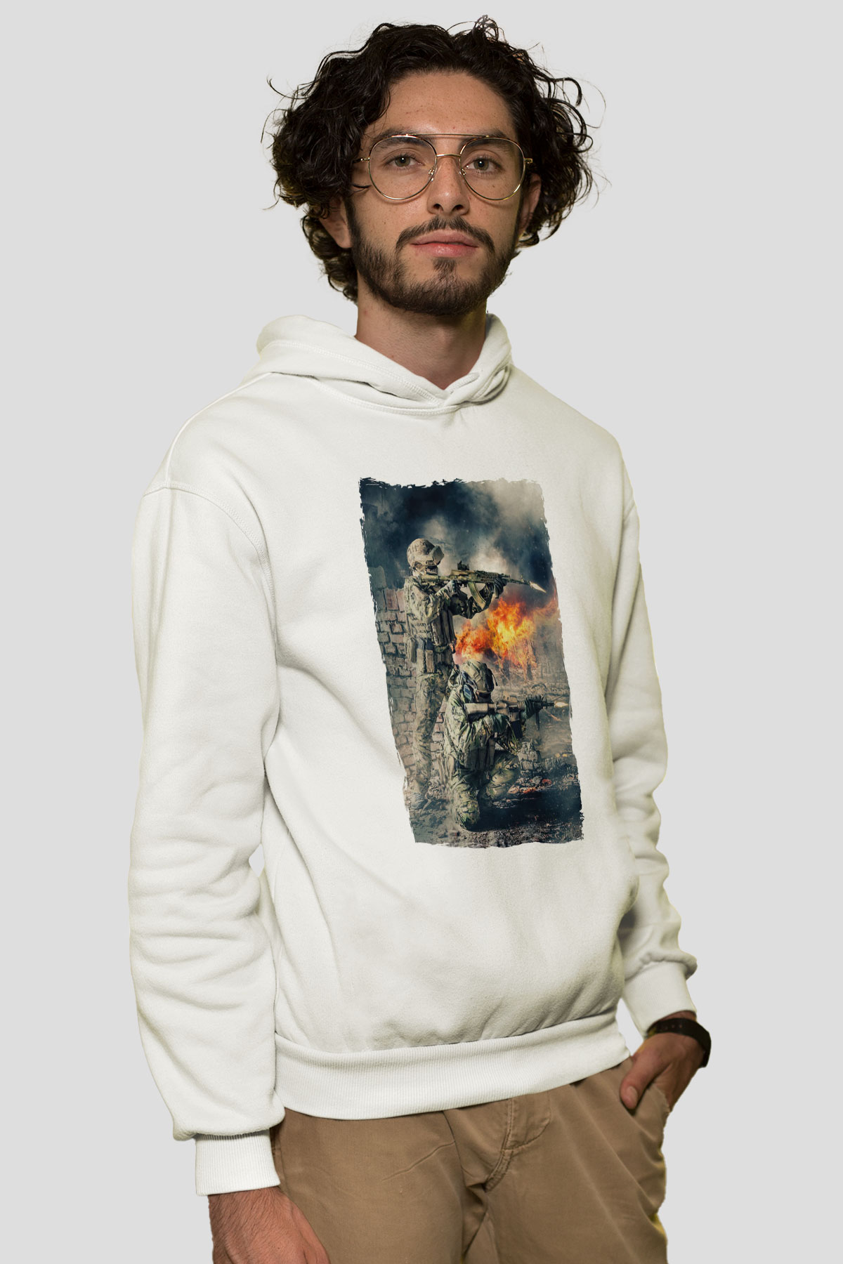 Asker Beyaz Unisex Kapüşonlu Sweatshirt