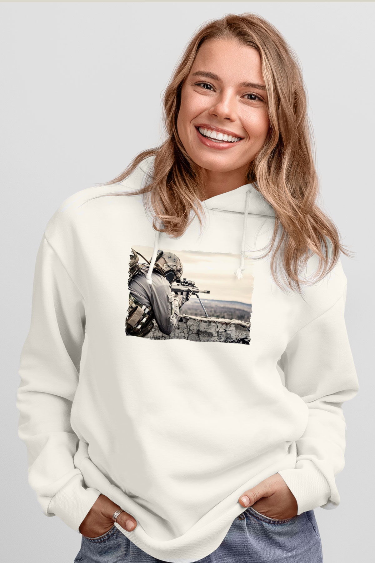 Asker Beyaz Unisex Kapüşonlu Sweatshirt