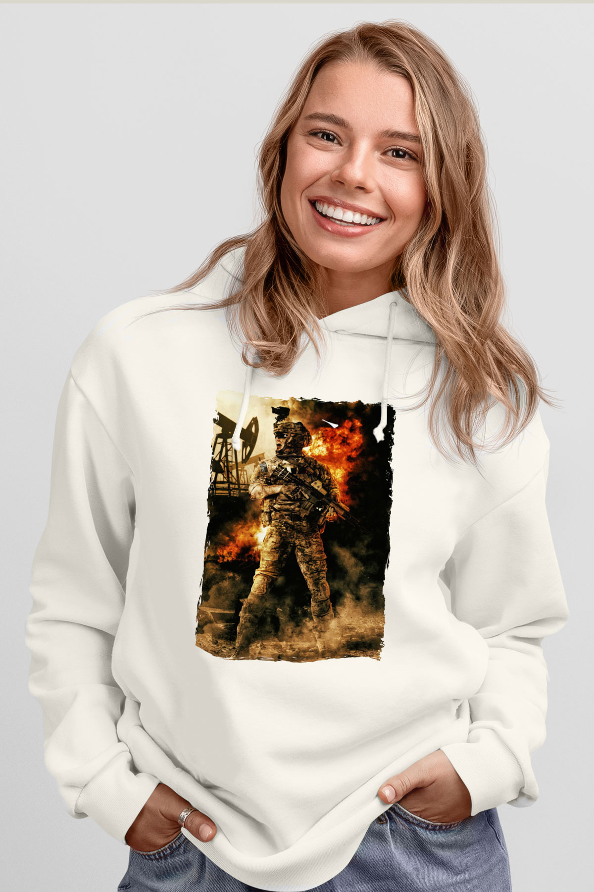 Asker Beyaz Unisex Kapüşonlu Sweatshirt